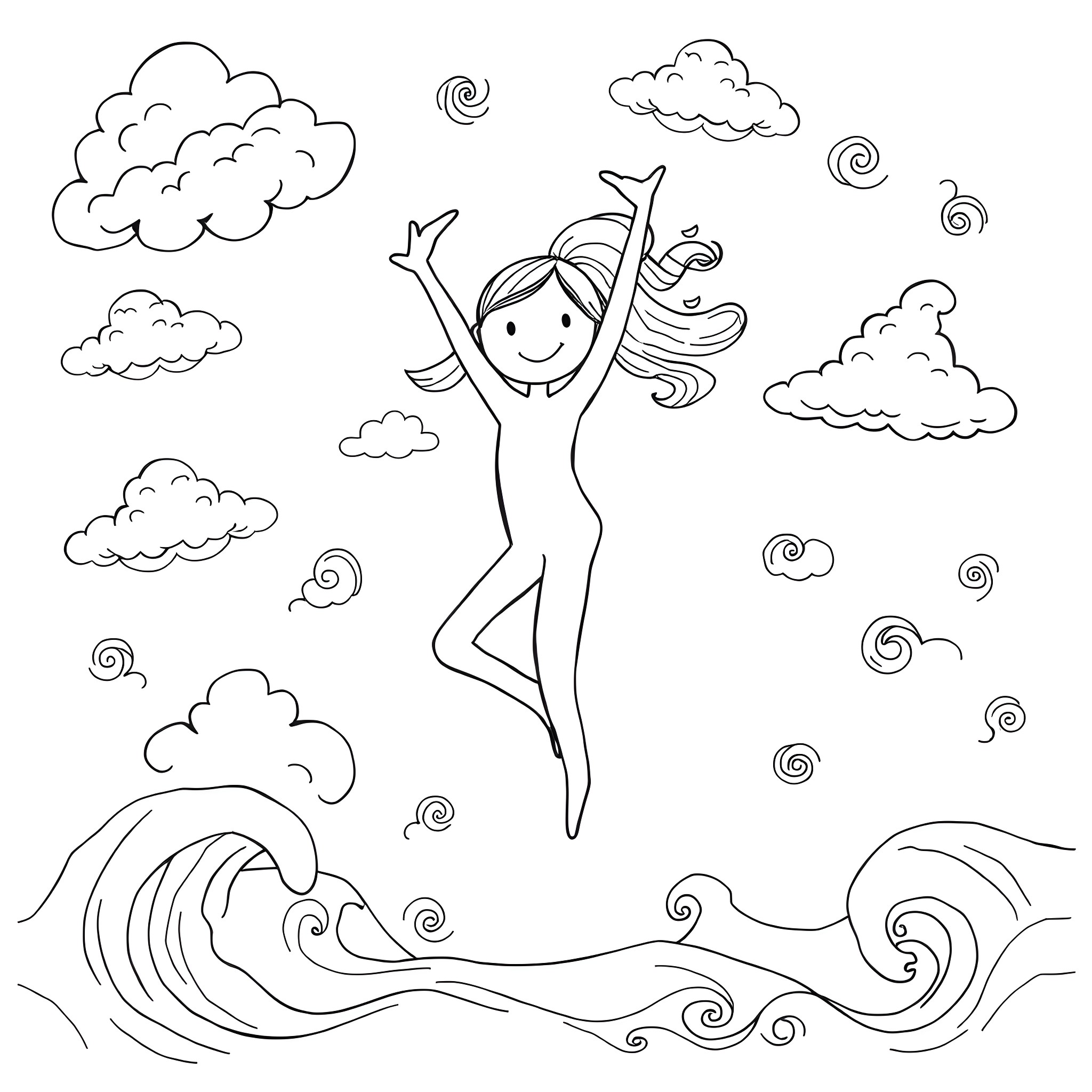 Girl jumping with joy in the sky Coloring Page (free black-and-white line drawing printable PDF for all, from beginners to advanced learners, including children, teens, adults, and seniors)