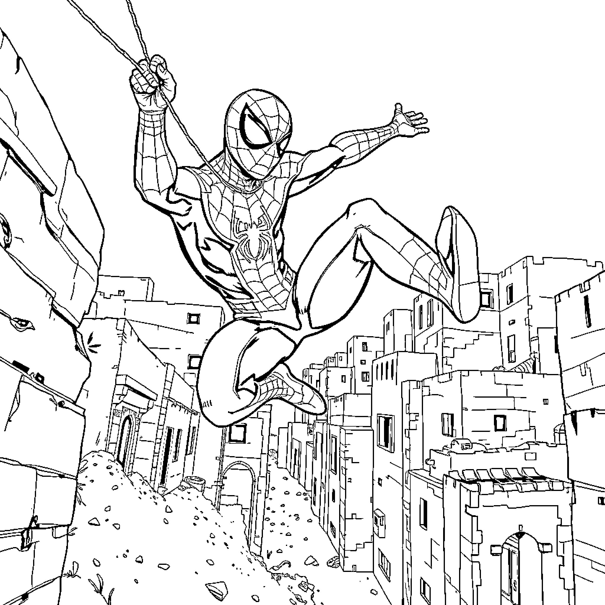 Spiderman swinging through the city skyline Coloring Page (free black-and-white line drawing printable PDF for all, from beginners to advanced learners, including children, teens, adults, and seniors)