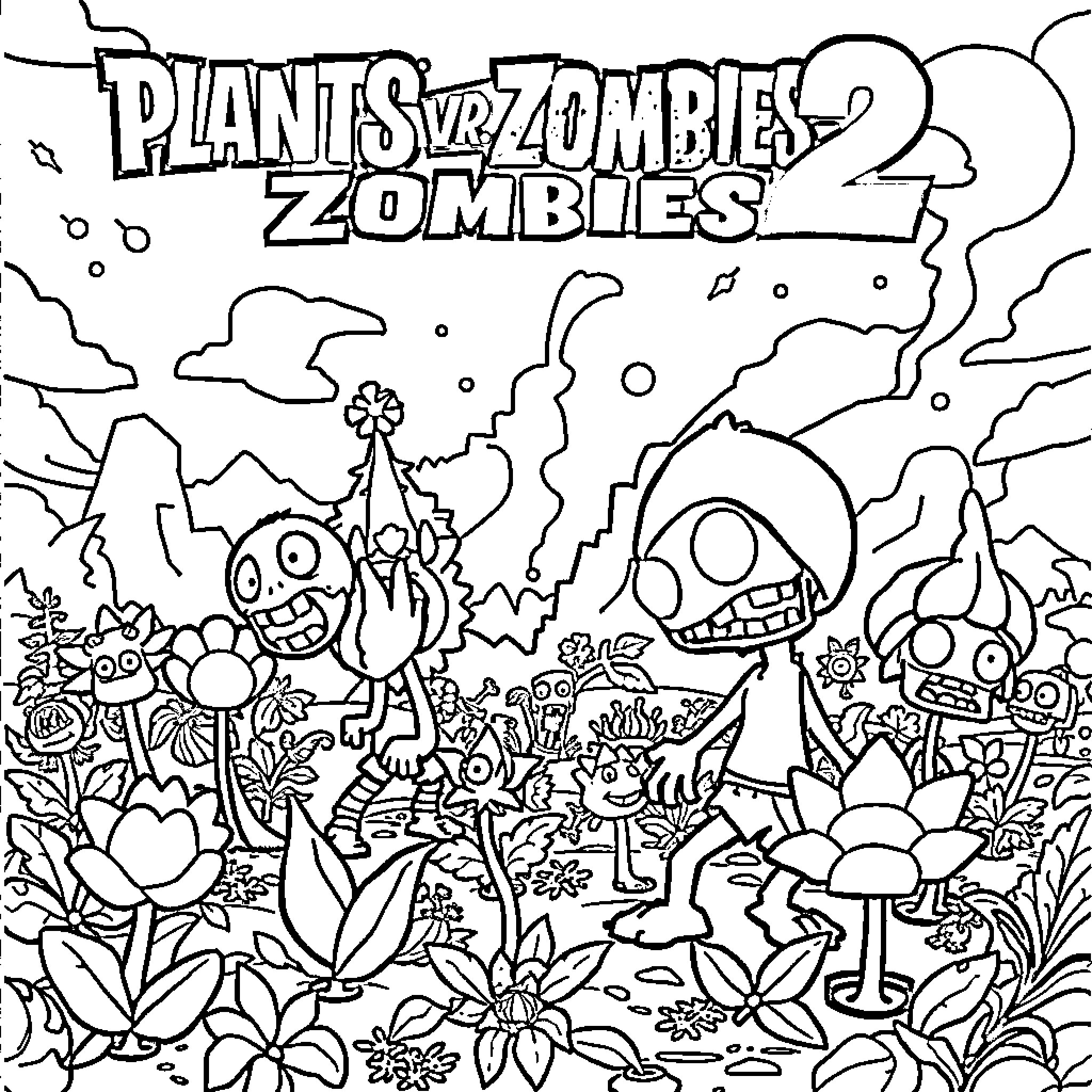 Plant vs Zombie: Zombies in a Whimsical Landscape Coloring Page (free black-and-white line drawing printable PDF for all, from beginners to advanced learners, including children, teens, adults, and seniors)