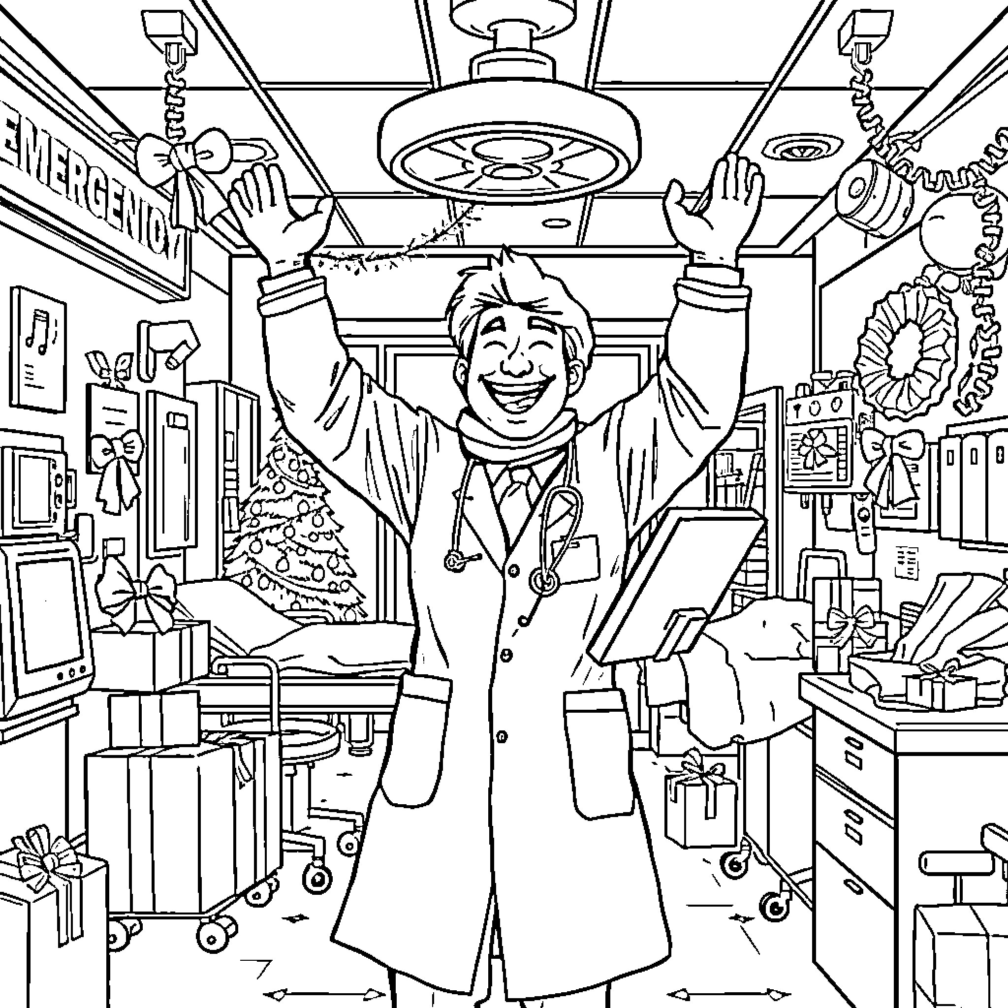Doctor Celebrating Joyfully in a Festive Medical Office Coloring Page (free black-and-white line drawing printable PDF for all, from beginners to advanced learners, including children, teens, adults, and seniors)