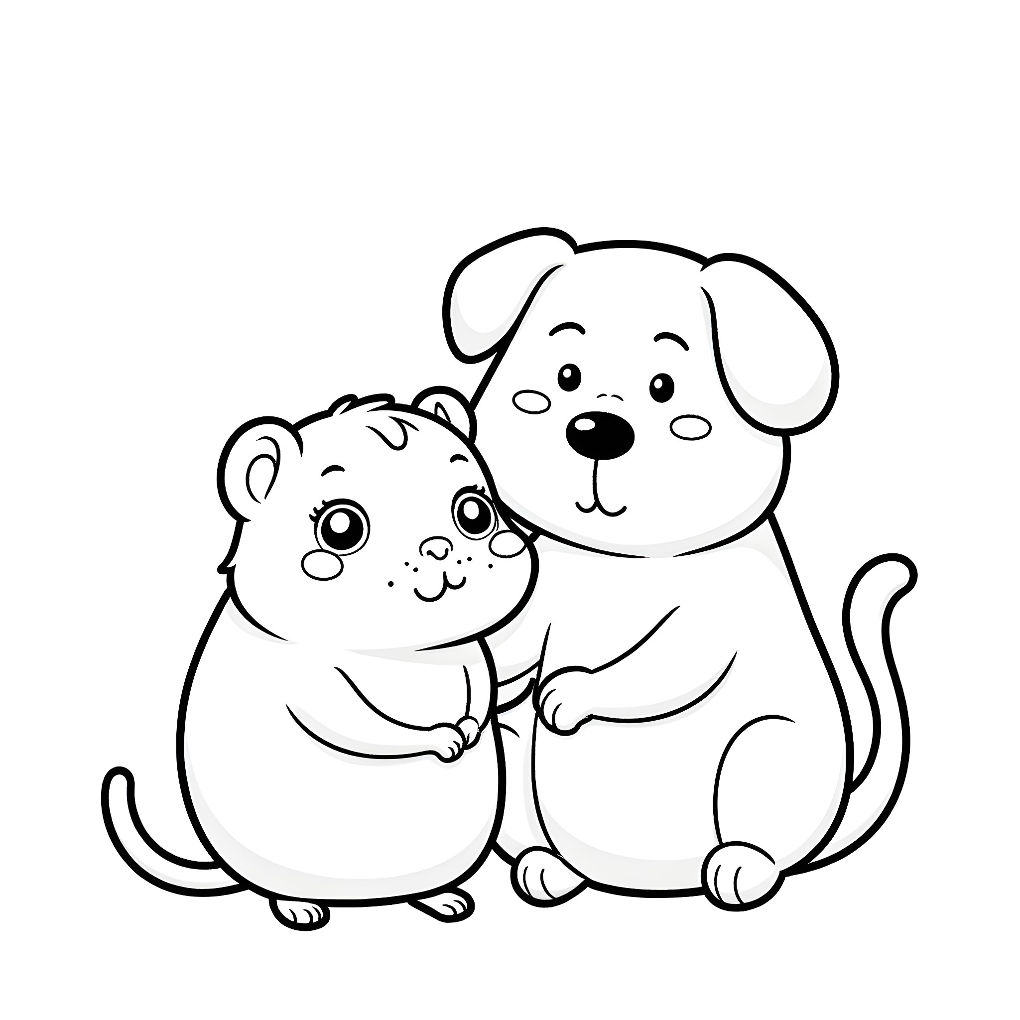 Hamster and puppy snuggling together Coloring Page (free black-and-white line drawing printable PDF for all, from beginners to advanced learners, including children, teens, adults, and seniors)