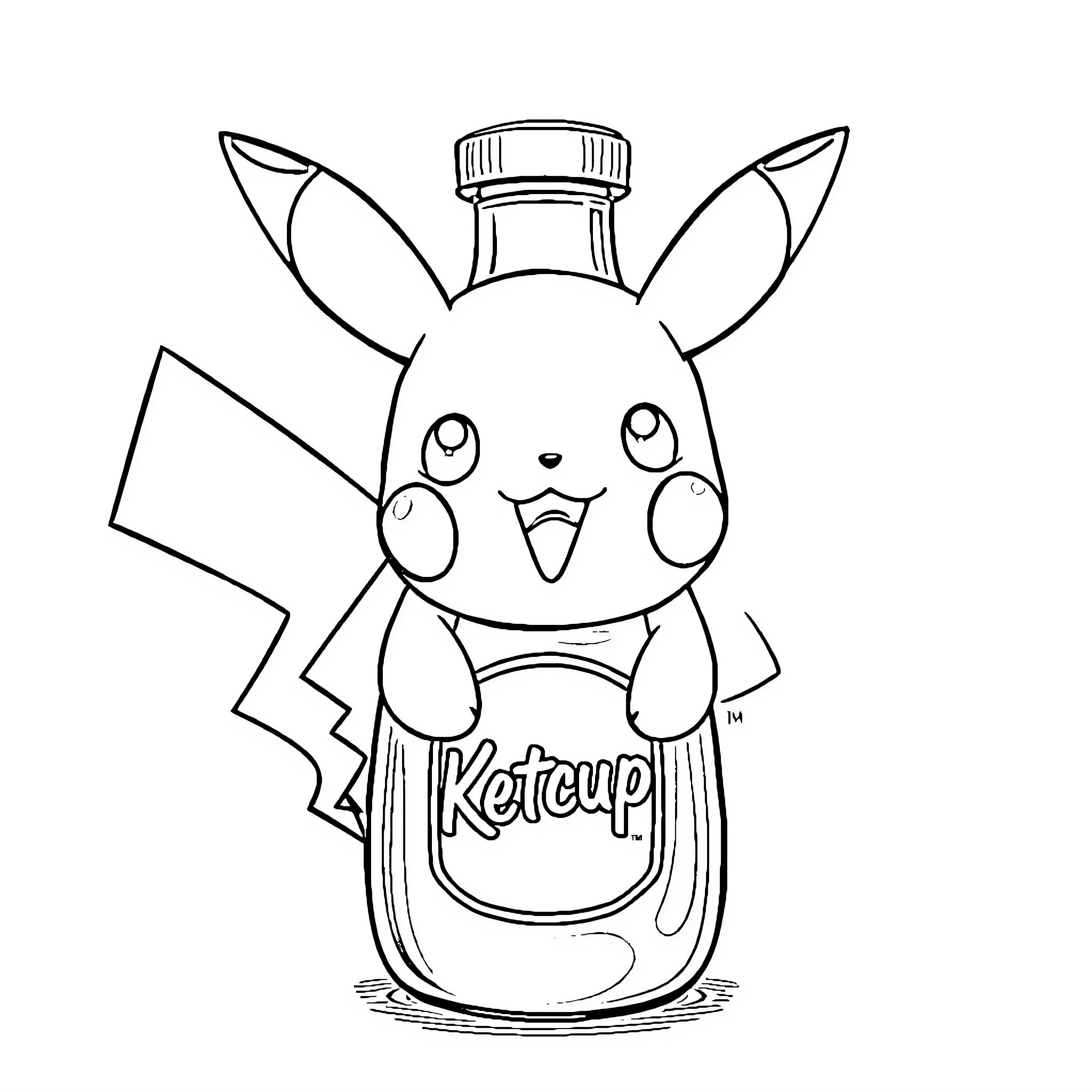 Pikachu playing with ketchup bottle Coloring Page (free black-and-white line drawing printable PDF for all, from beginners to advanced learners, including children, teens, adults, and seniors)