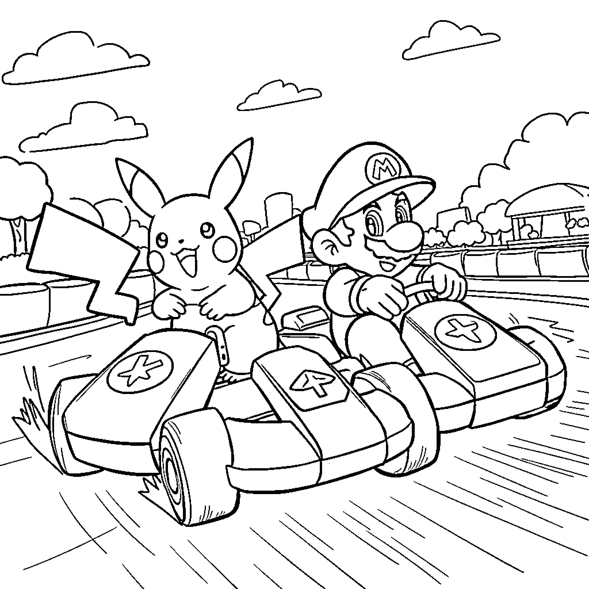 Pikachu racing with Mario in go-karts Coloring Page (free black-and-white line drawing printable PDF for all, from beginners to advanced learners, including children, teens, adults, and seniors)