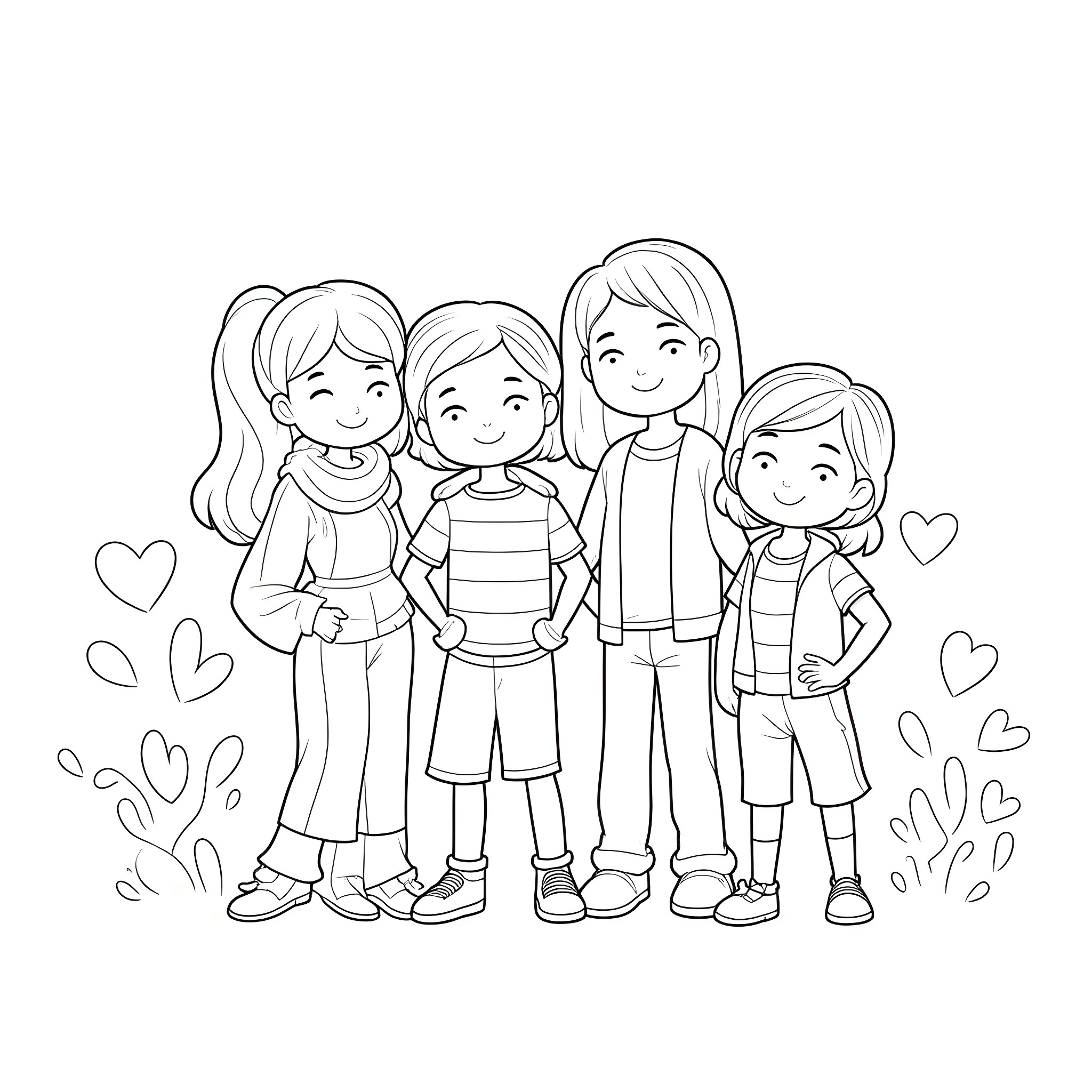 Saddleback Kids Enjoying Time Together Coloring Page (free black-and-white line drawing printable PDF for all, from beginners to advanced learners, including children, teens, adults, and seniors)