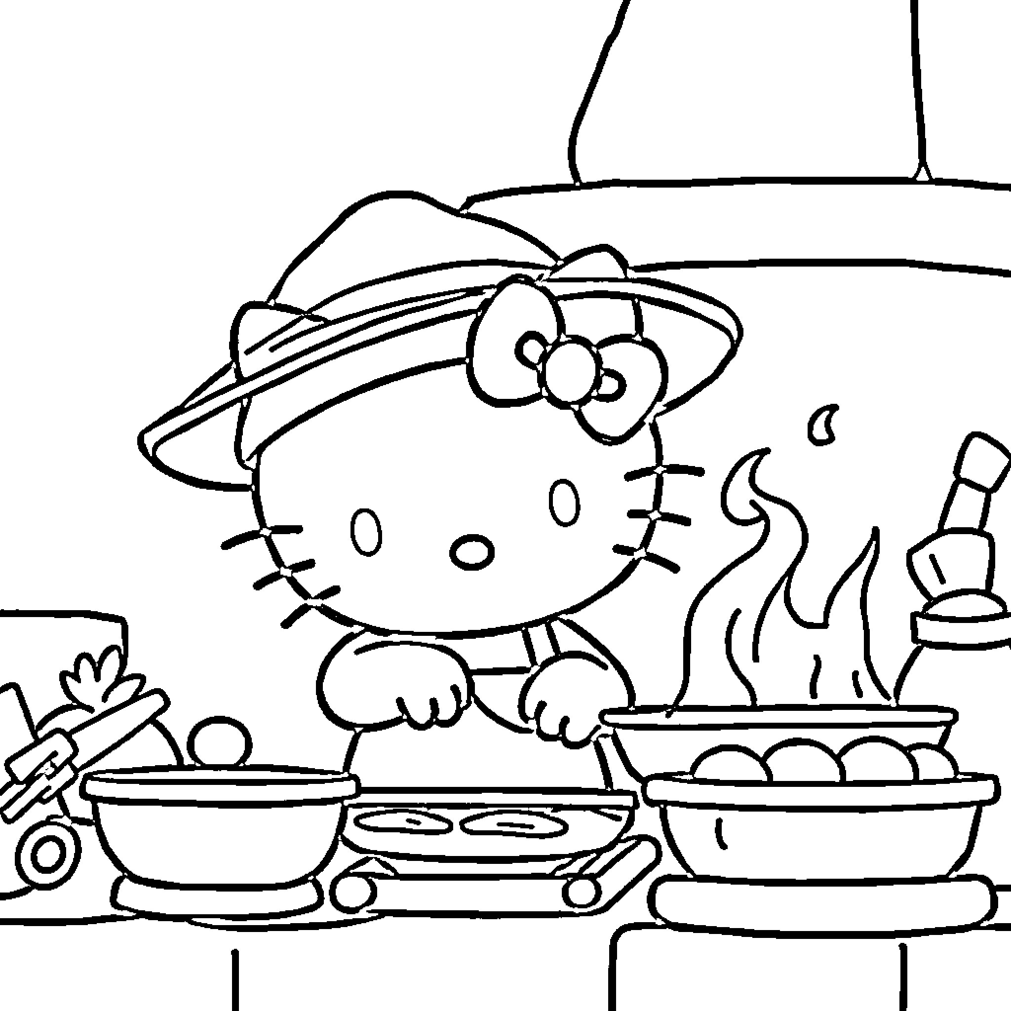 Hello Kitty Baking in the Kitchen Coloring Page (free black-and-white line drawing printable PDF for all, from beginners to advanced learners, including children, teens, adults, and seniors)