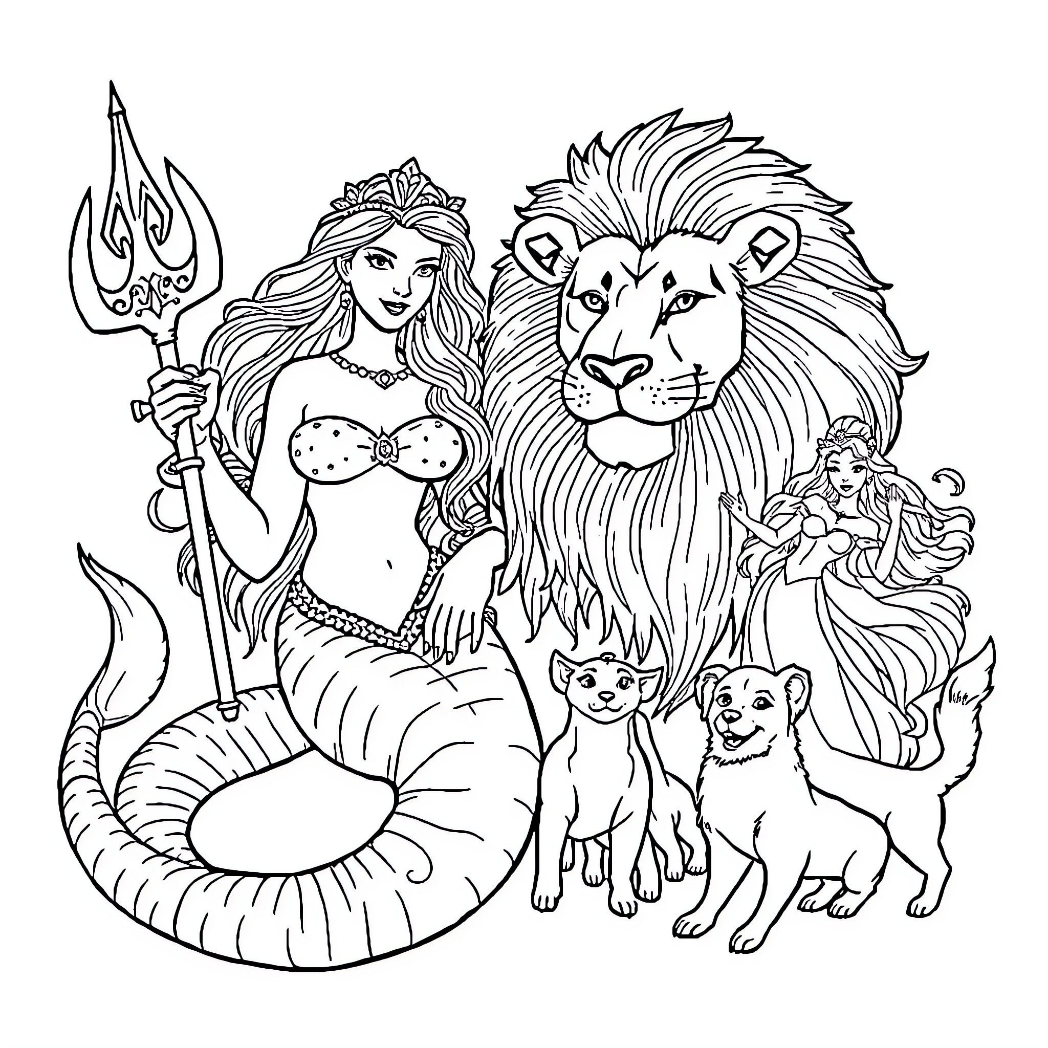 Siren posing with mythical creatures Coloring Page (free black-and-white line drawing printable PDF for all, from beginners to advanced learners, including children, teens, adults, and seniors)