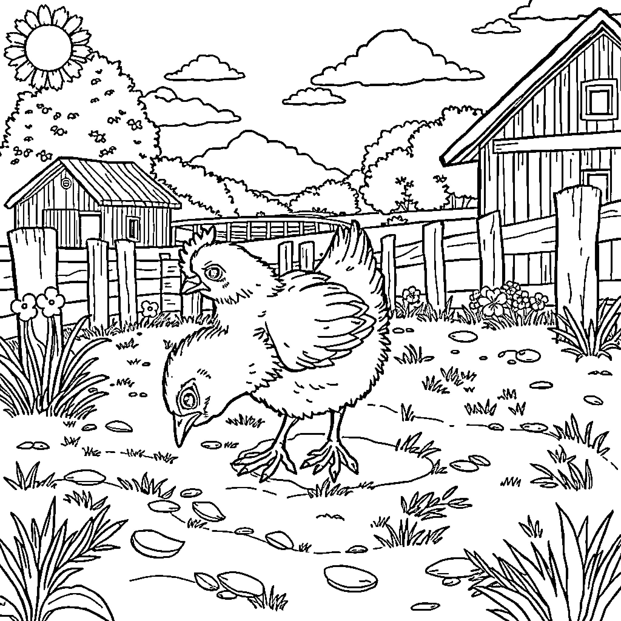 Chicken exploring the farmyard scene Coloring Page (free black-and-white line drawing printable PDF for all, from beginners to advanced learners, including children, teens, adults, and seniors)