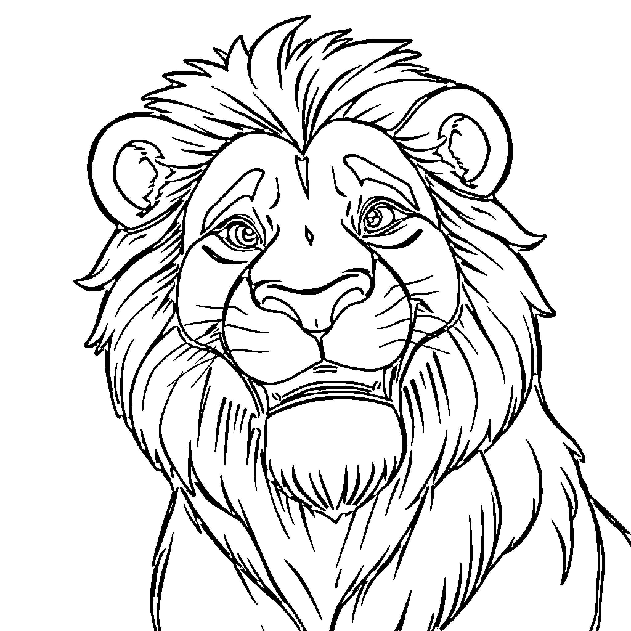 Lion with intense gaze and prominent mane Coloring Page (free black-and-white line drawing printable PDF for all, from beginners to advanced learners, including children, teens, adults, and seniors)