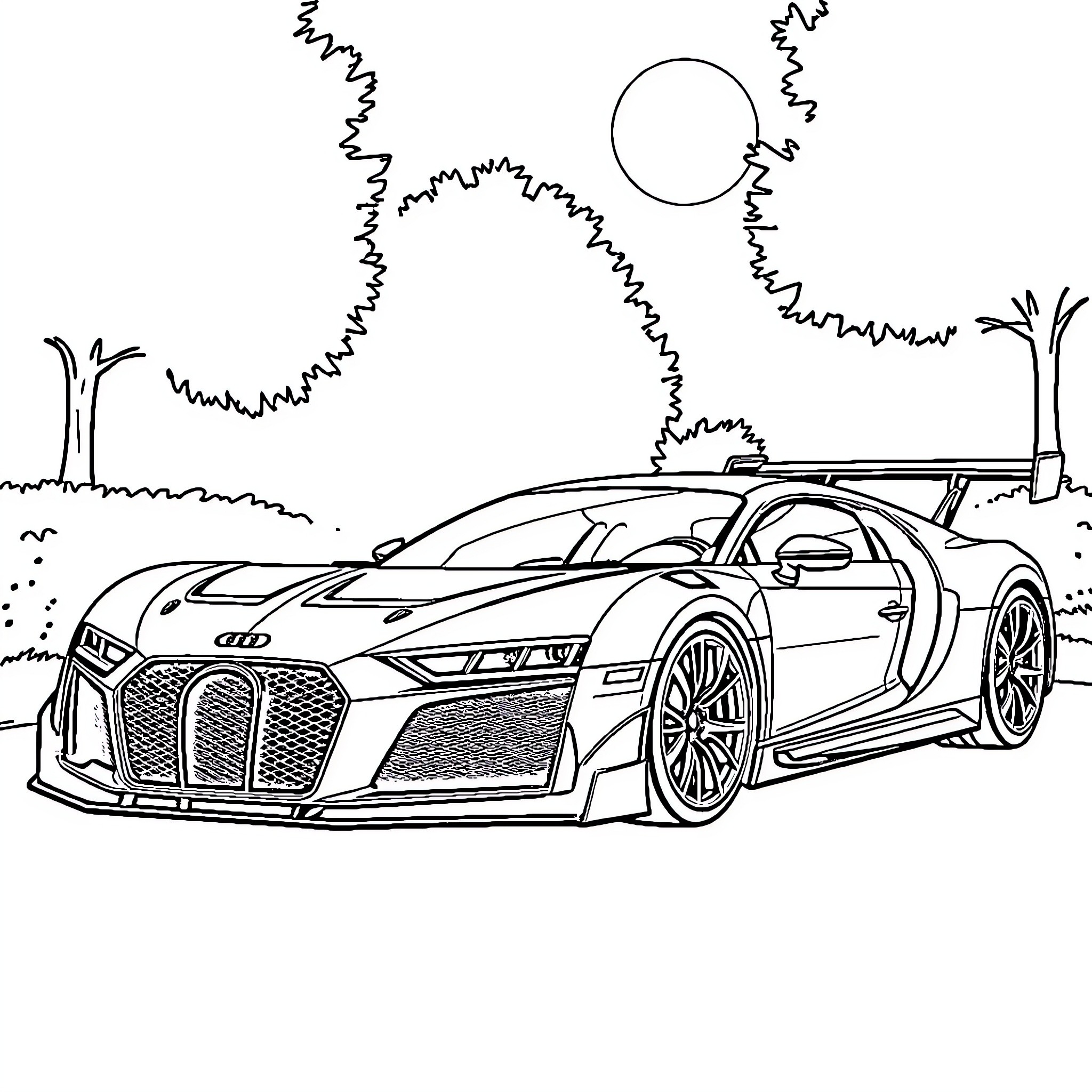 Car speeding through a desert landscape Coloring Page (free black-and-white line drawing printable PDF for all, from beginners to advanced learners, including children, teens, adults, and seniors)