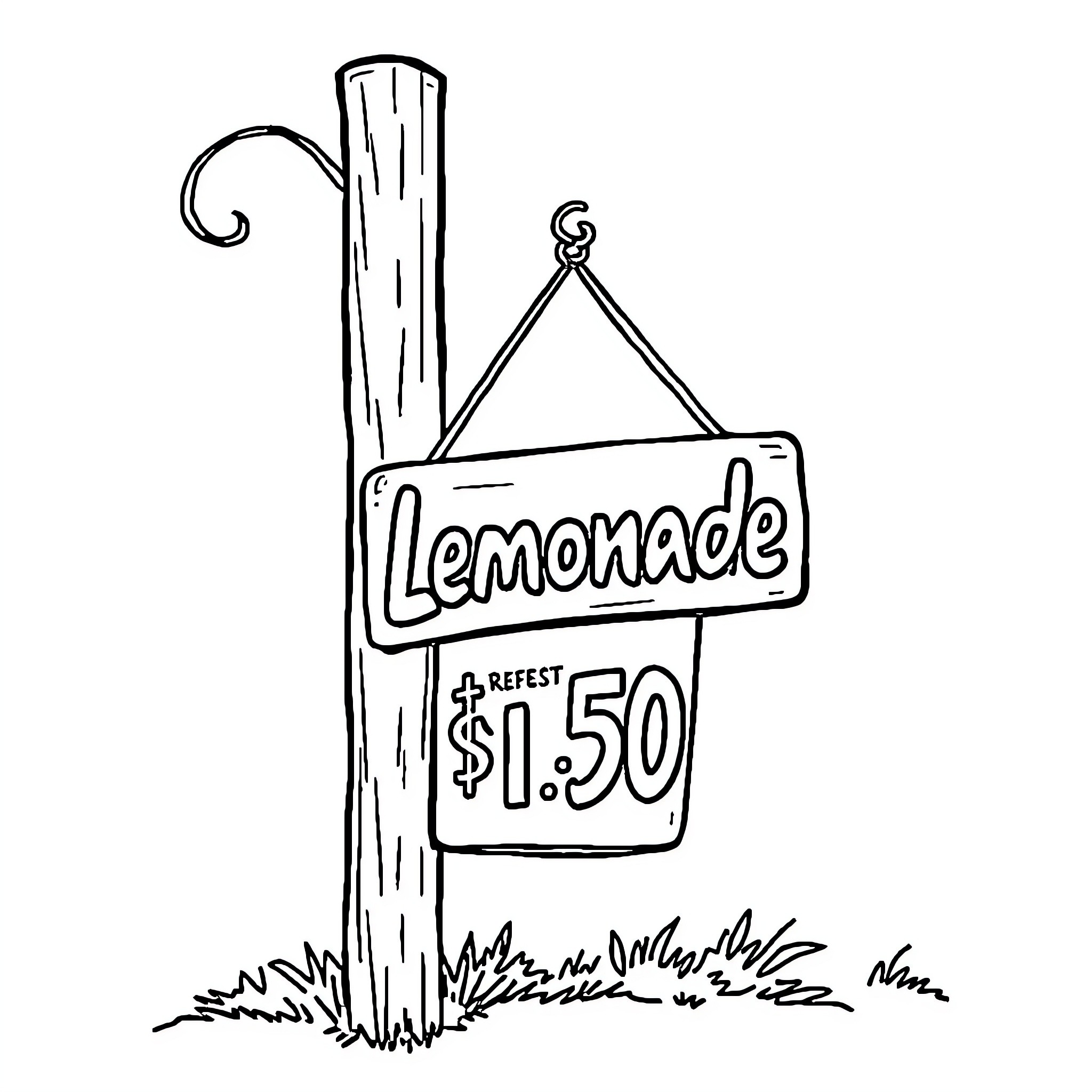 Lemonade stand advertising refreshing drink Coloring Page (free black-and-white line drawing printable PDF for all, from beginners to advanced learners, including children, teens, adults, and seniors)