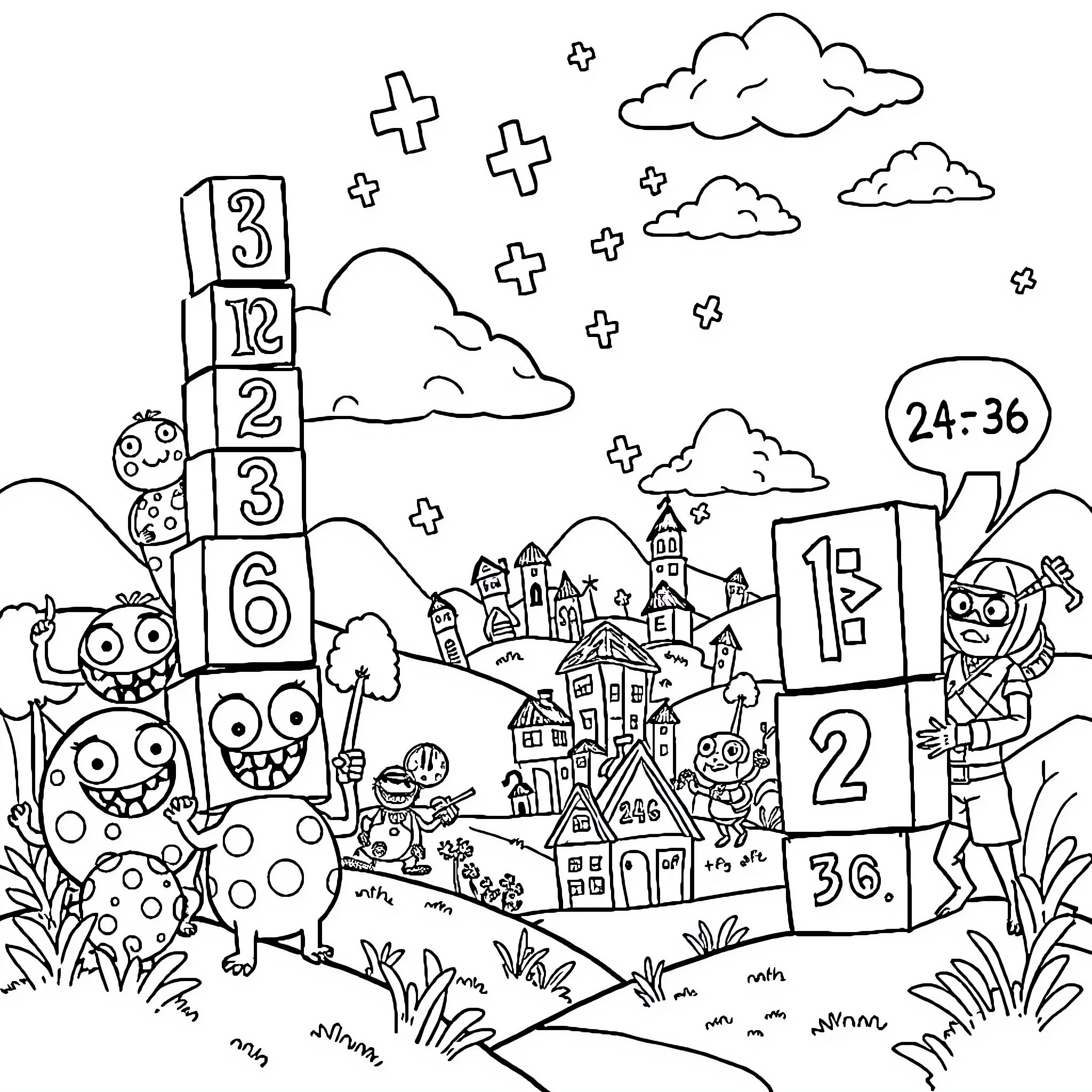 Number Playful Monsters in Cartoon Landscape Coloring Page (free black-and-white line drawing printable PDF for all, from beginners to advanced learners, including children, teens, adults, and seniors)
