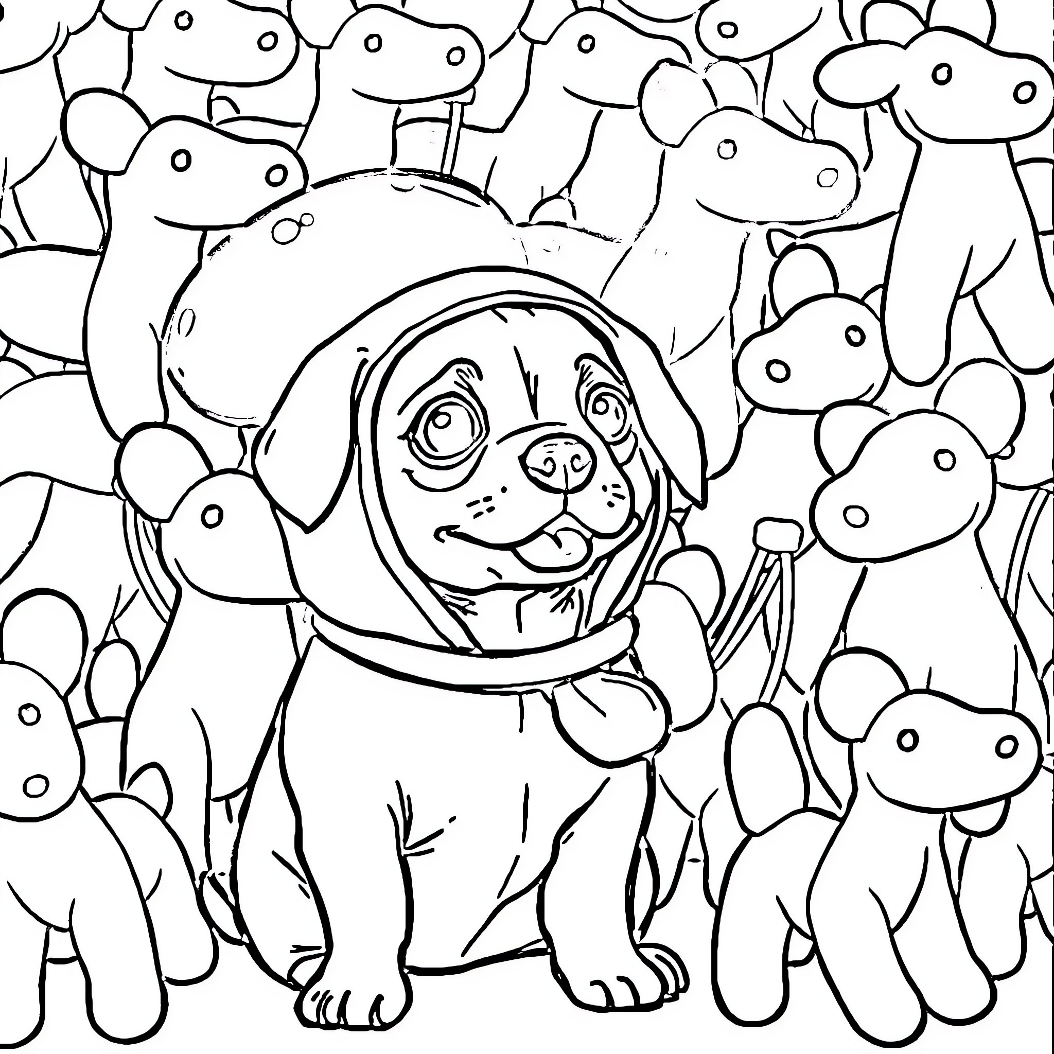 Sausage Dog surrounded by playful companions Coloring Page (free black-and-white line drawing printable PDF for all, from beginners to advanced learners, including children, teens, adults, and seniors)