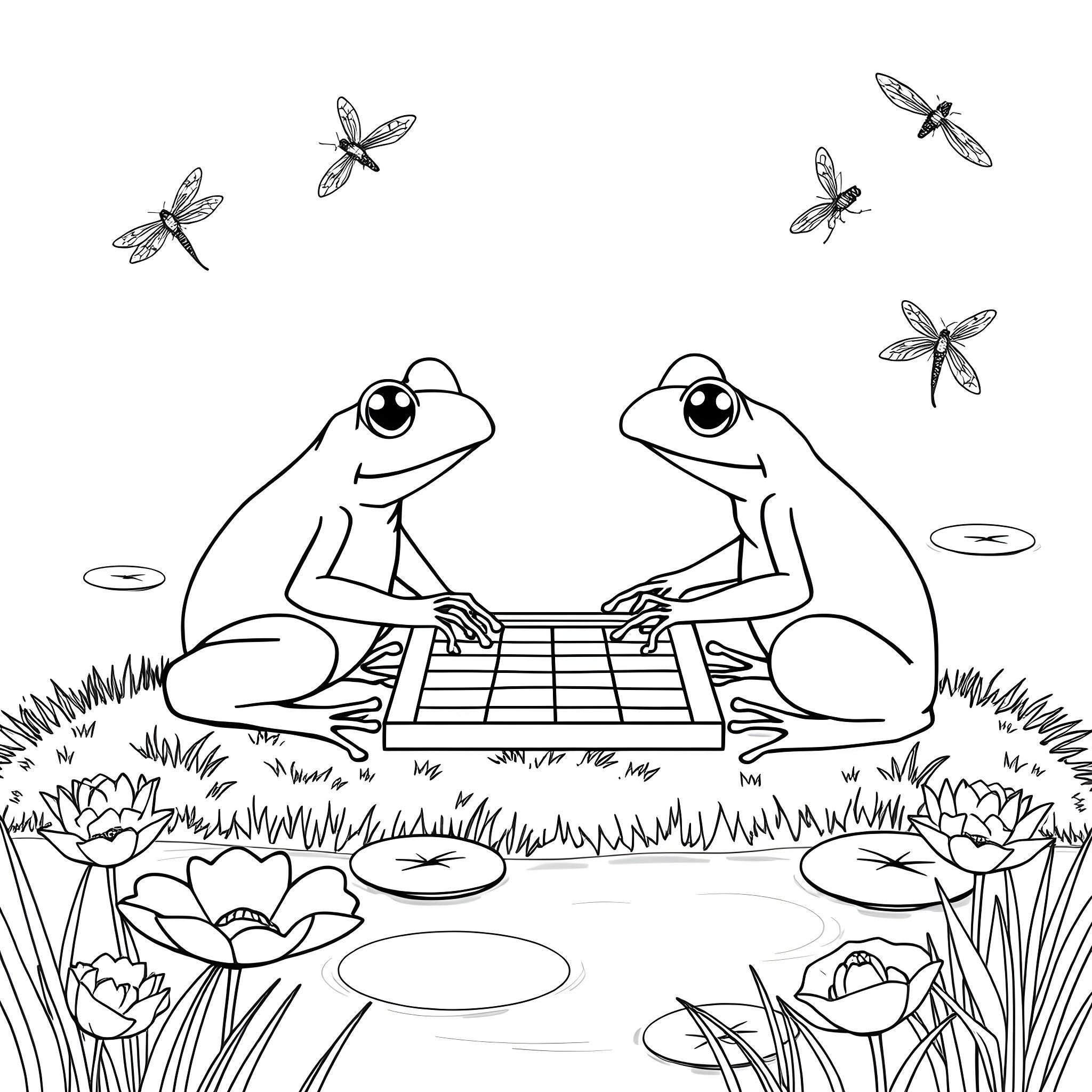 Frog friends playing checkers in the pond Coloring Page (free black-and-white line drawing printable PDF for all, from beginners to advanced learners, including children, teens, adults, and seniors)