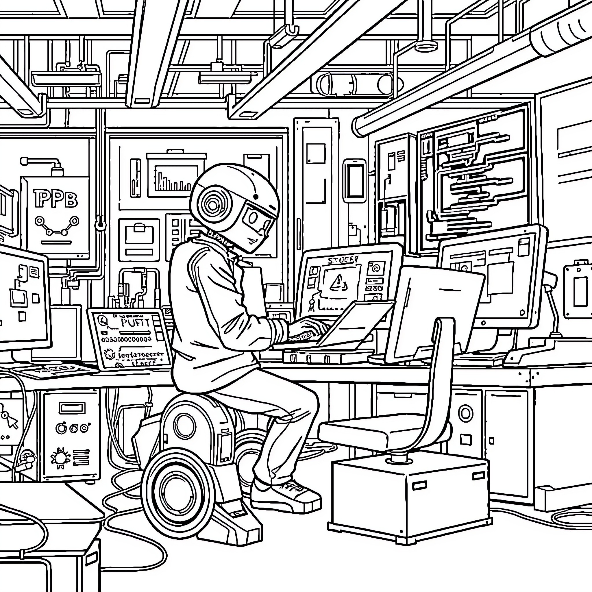 Robot engineer working diligently in a high-tech laboratory Coloring Page (free black-and-white line drawing printable PDF for all, from beginners to advanced learners, including children, teens, adults, and seniors)