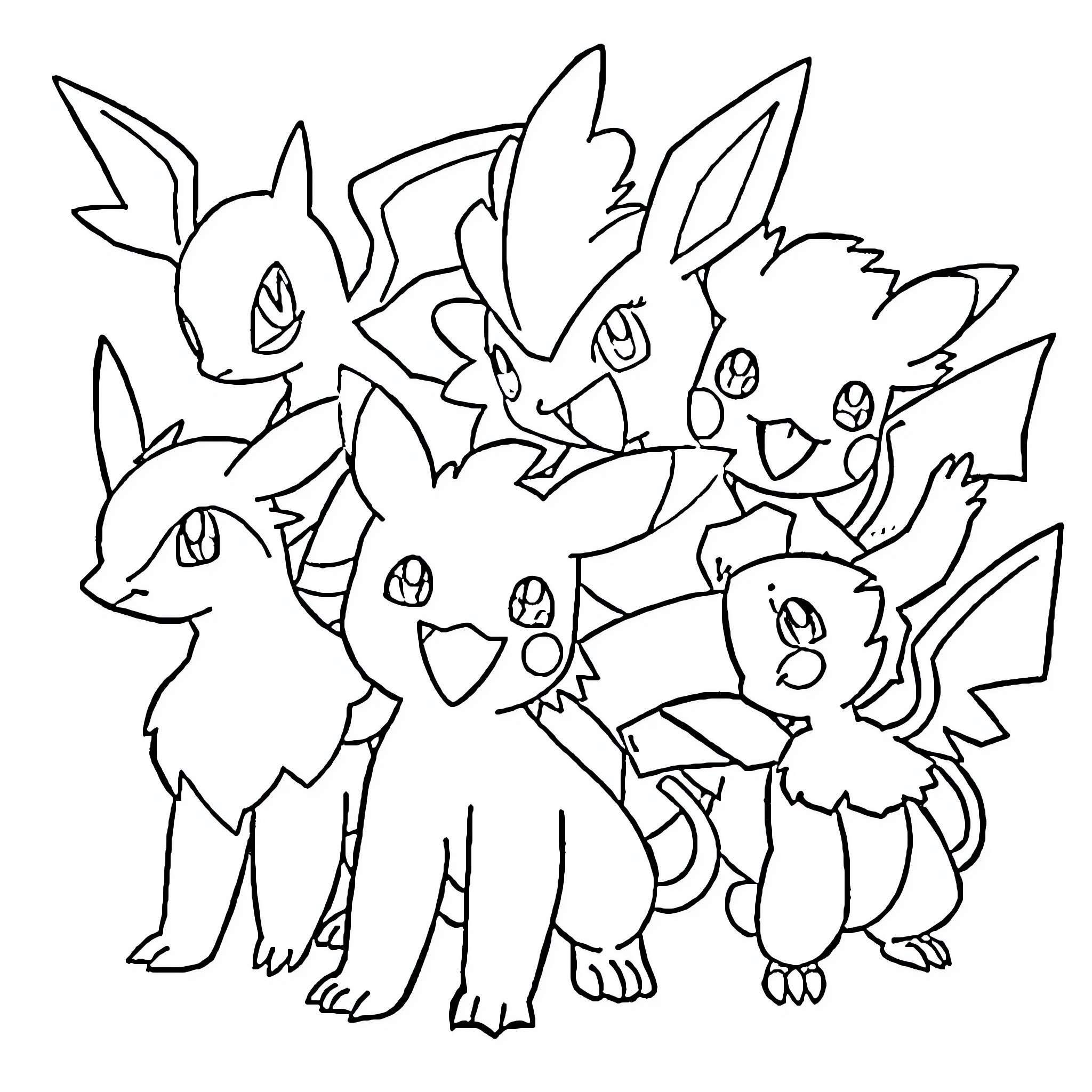 Pokémon characters in playful poses Coloring Page (free black-and-white line drawing printable PDF for all, from beginners to advanced learners, including children, teens, adults, and seniors)