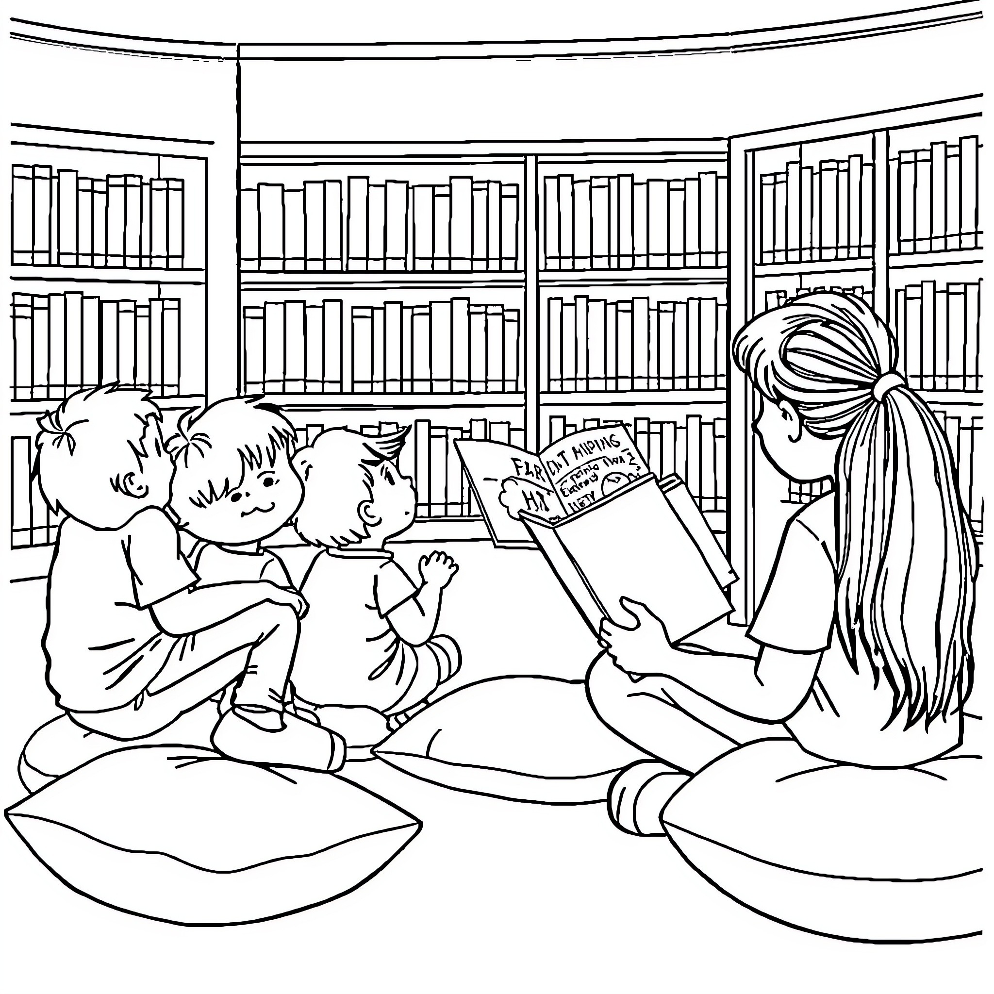 Children reading together in a library Coloring Page (free black-and-white line drawing printable PDF for all, from beginners to advanced learners, including children, teens, adults, and seniors)