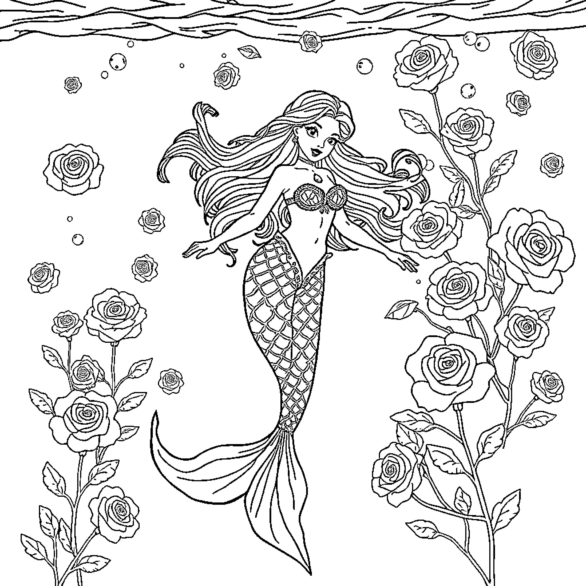 Mermaid swimming amidst roses and bubbles Coloring Page (free black-and-white line drawing printable PDF for all, from beginners to advanced learners, including children, teens, adults, and seniors)