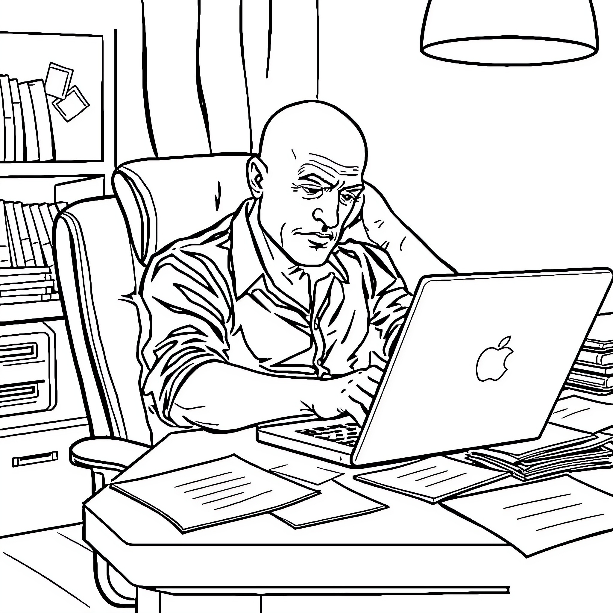 Man working intently on laptop in his office Coloring Page (free black-and-white line drawing printable PDF for all, from beginners to advanced learners, including children, teens, adults, and seniors)