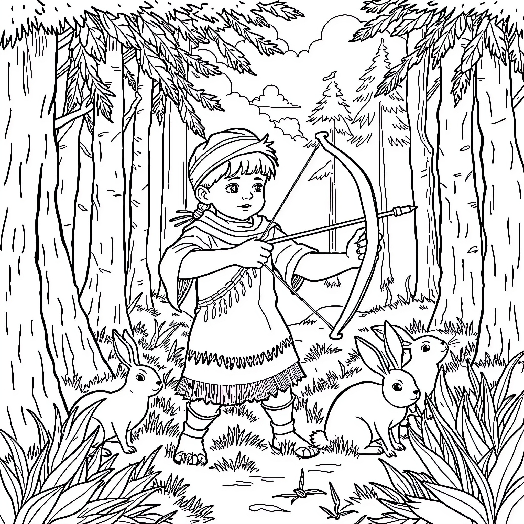 Boy explores the enchanting forest with his bow and rabbits Coloring Page (free black-and-white line drawing printable PDF for all, from beginners to advanced learners, including children, teens, adults, and seniors)