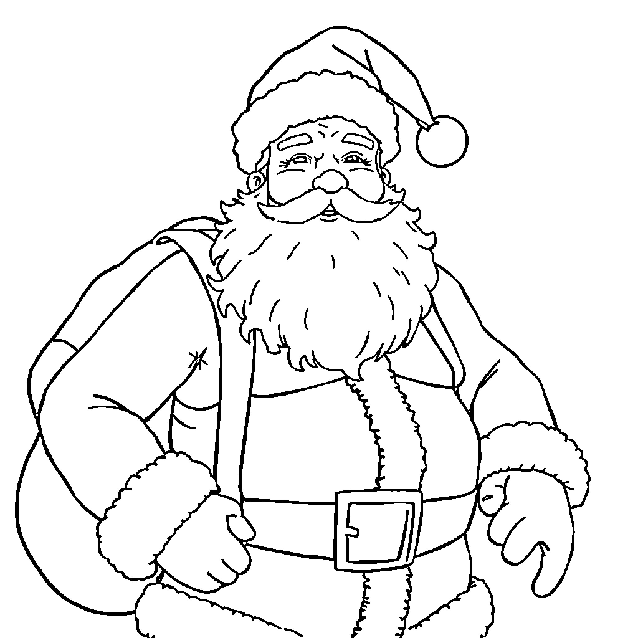 Santa Claus in contemplative pose Coloring Page (free black-and-white line drawing printable PDF for all, from beginners to advanced learners, including children, teens, adults, and seniors)