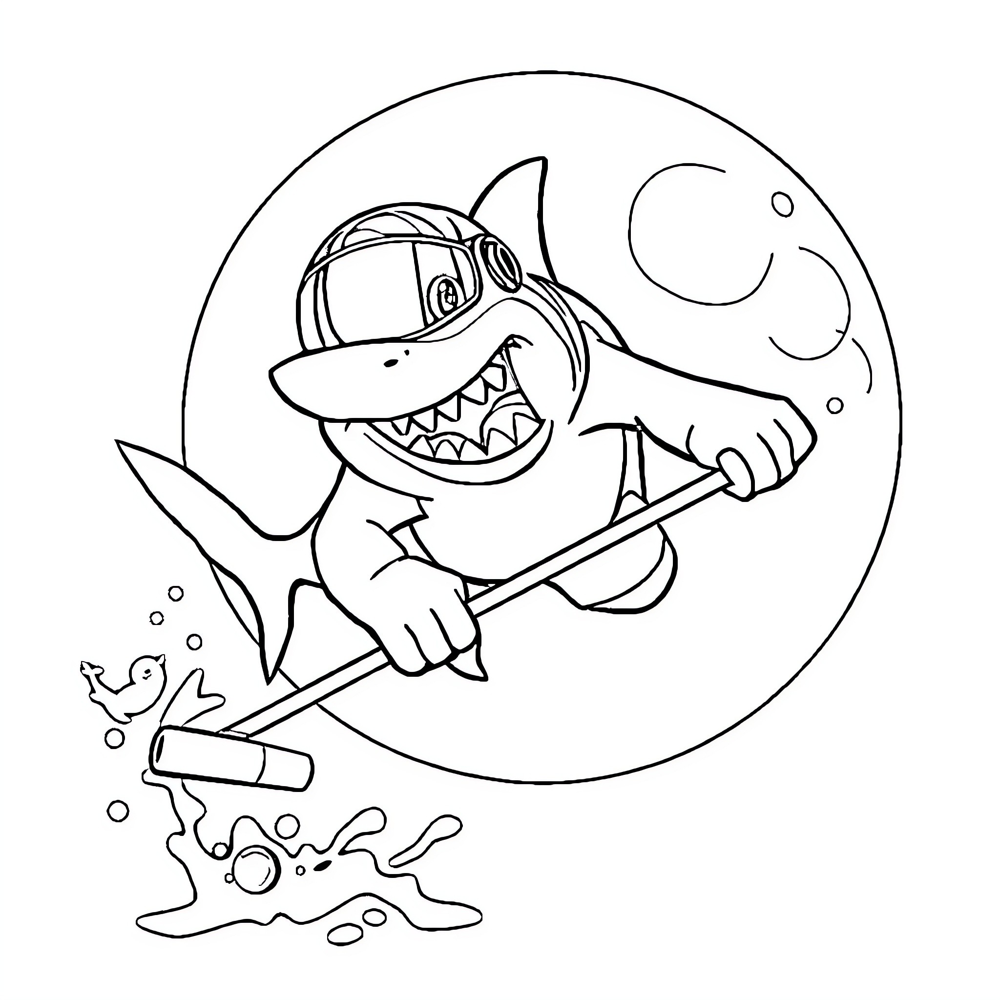 Shark plumber fixing a pipe underwater Coloring Page (free black-and-white line drawing printable PDF for all, from beginners to advanced learners, including children, teens, adults, and seniors)