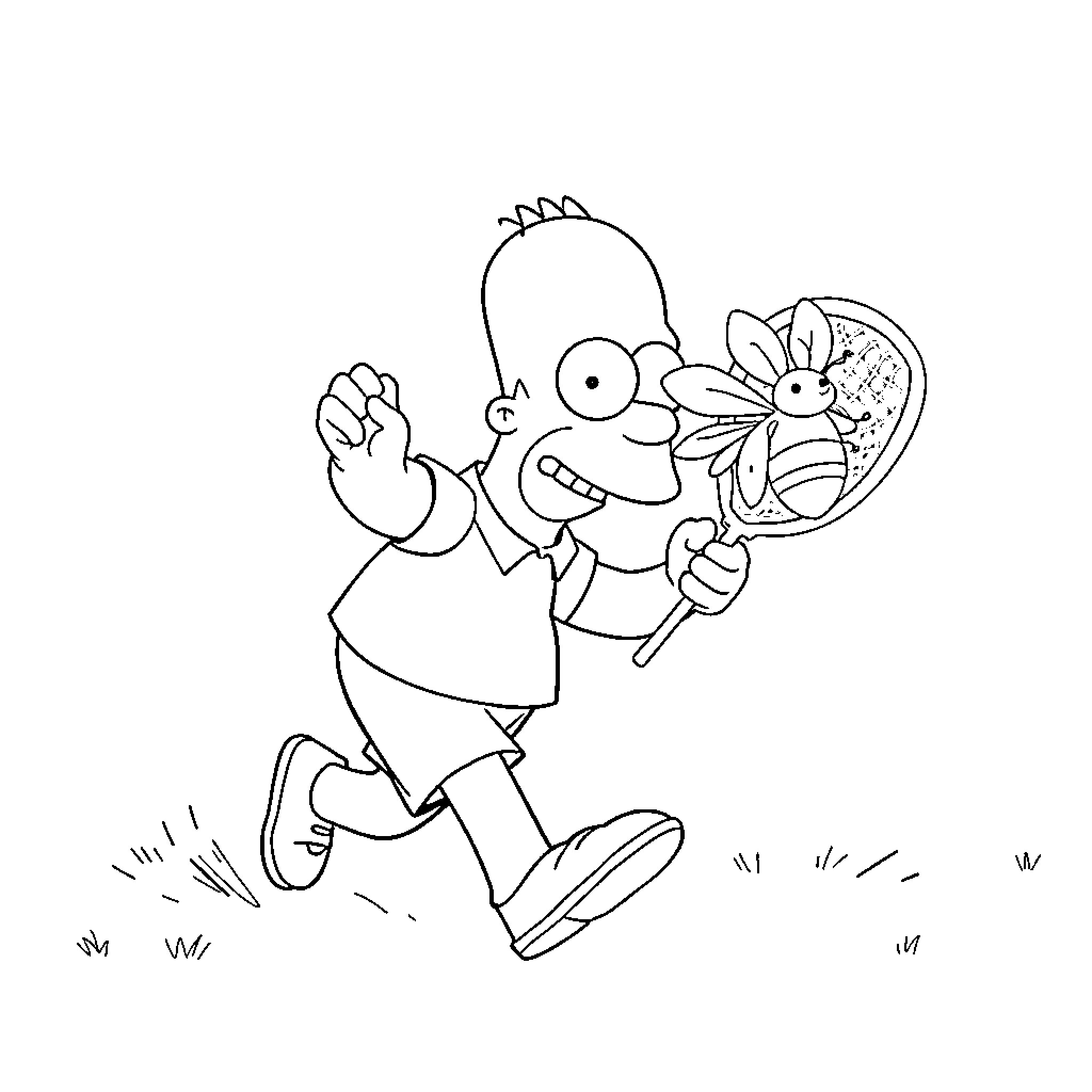 Homer happily chasing a butterfly with a lollipop Coloring Page (free black-and-white line drawing printable PDF for all, from beginners to advanced learners, including children, teens, adults, and seniors)