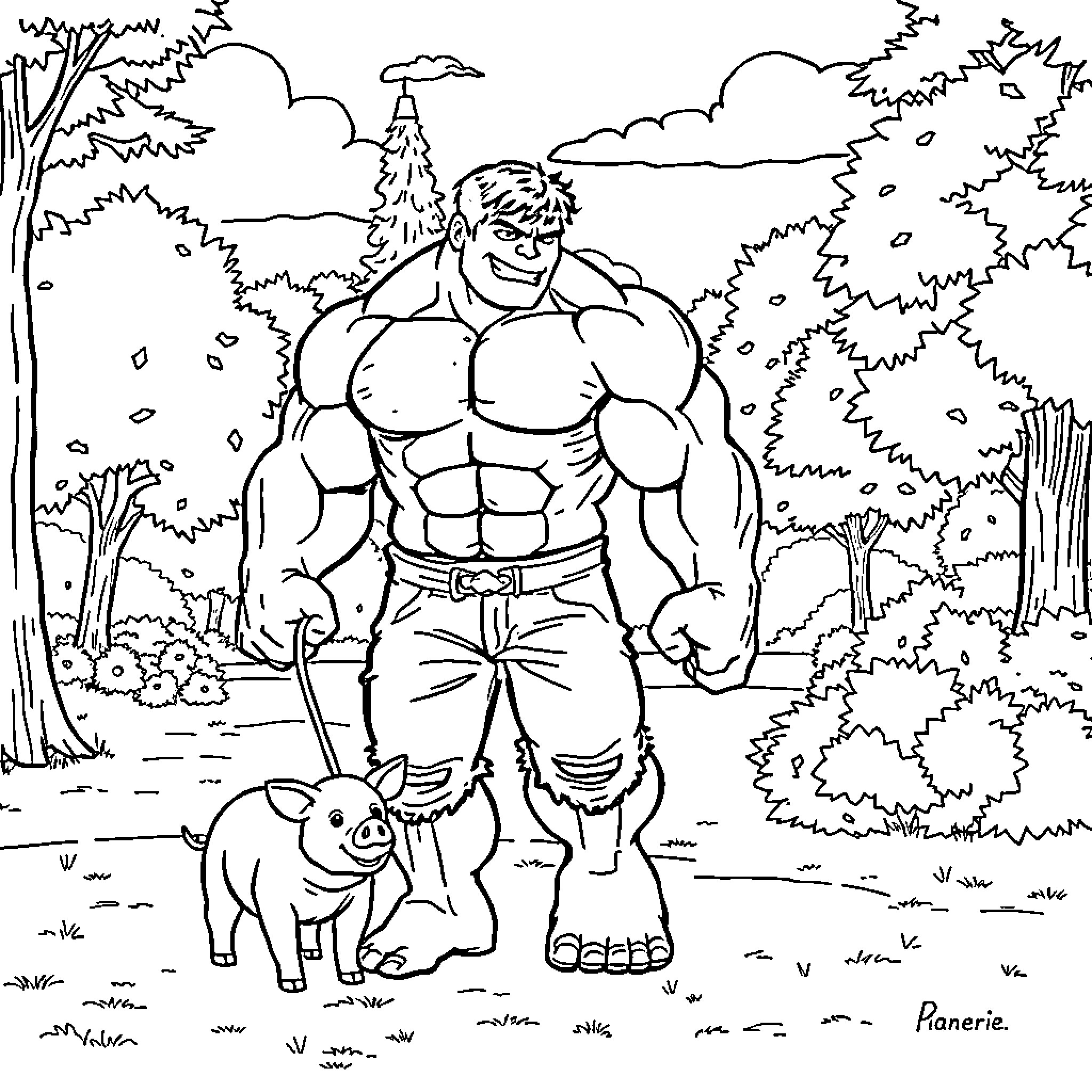 Hulk's Wilderness Adventure with Furry Companion Coloring Page (free black-and-white line drawing printable PDF for all, from beginners to advanced learners, including children, teens, adults, and seniors)