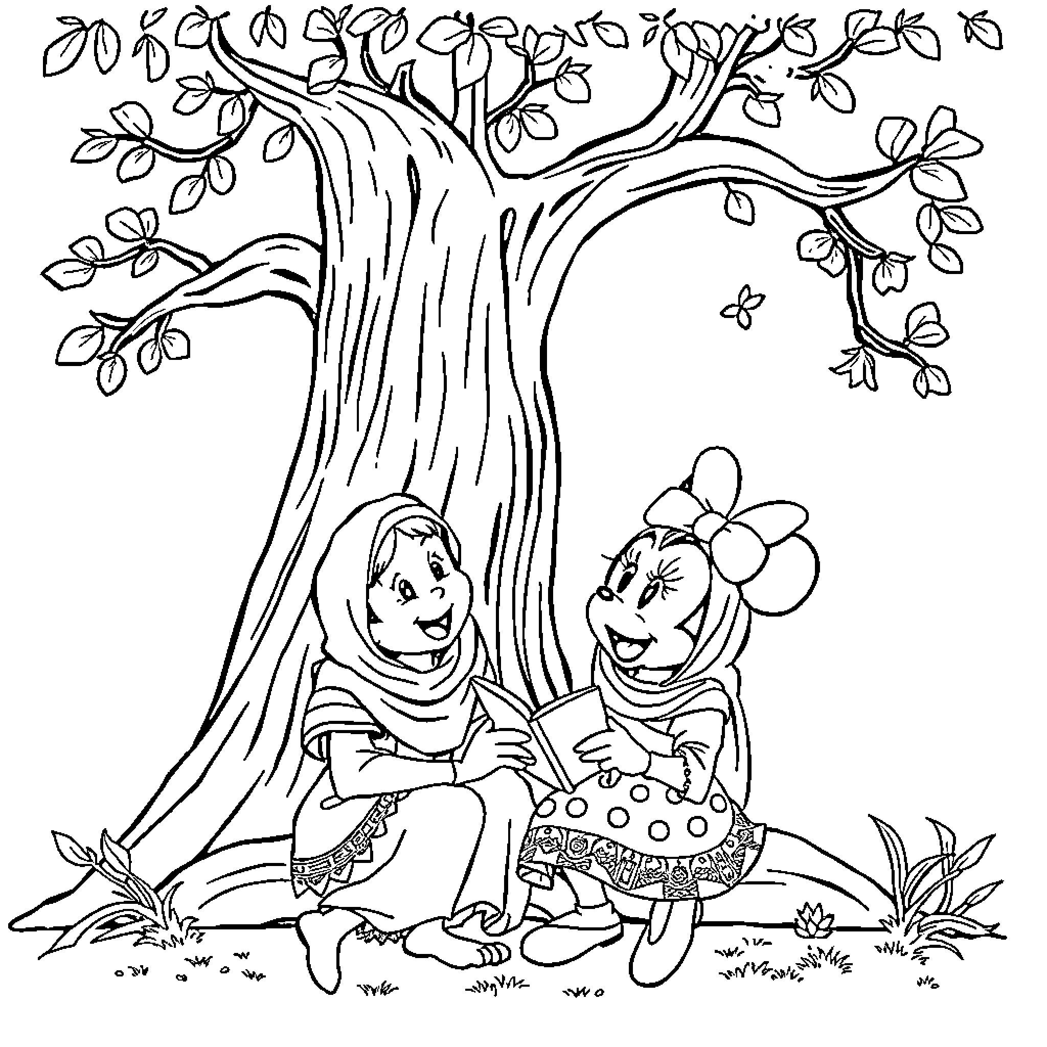 Rumi and friend relaxing under a blossoming tree Coloring Page (free black-and-white line drawing printable PDF for all, from beginners to advanced learners, including children, teens, adults, and seniors)