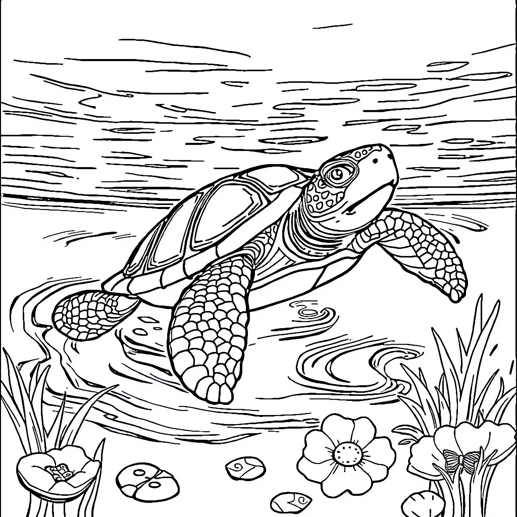 Turtle swimming gracefully in the aquatic environment Coloring Page (free black-and-white line drawing printable PDF for all, from beginners to advanced learners, including children, teens, adults, and seniors)