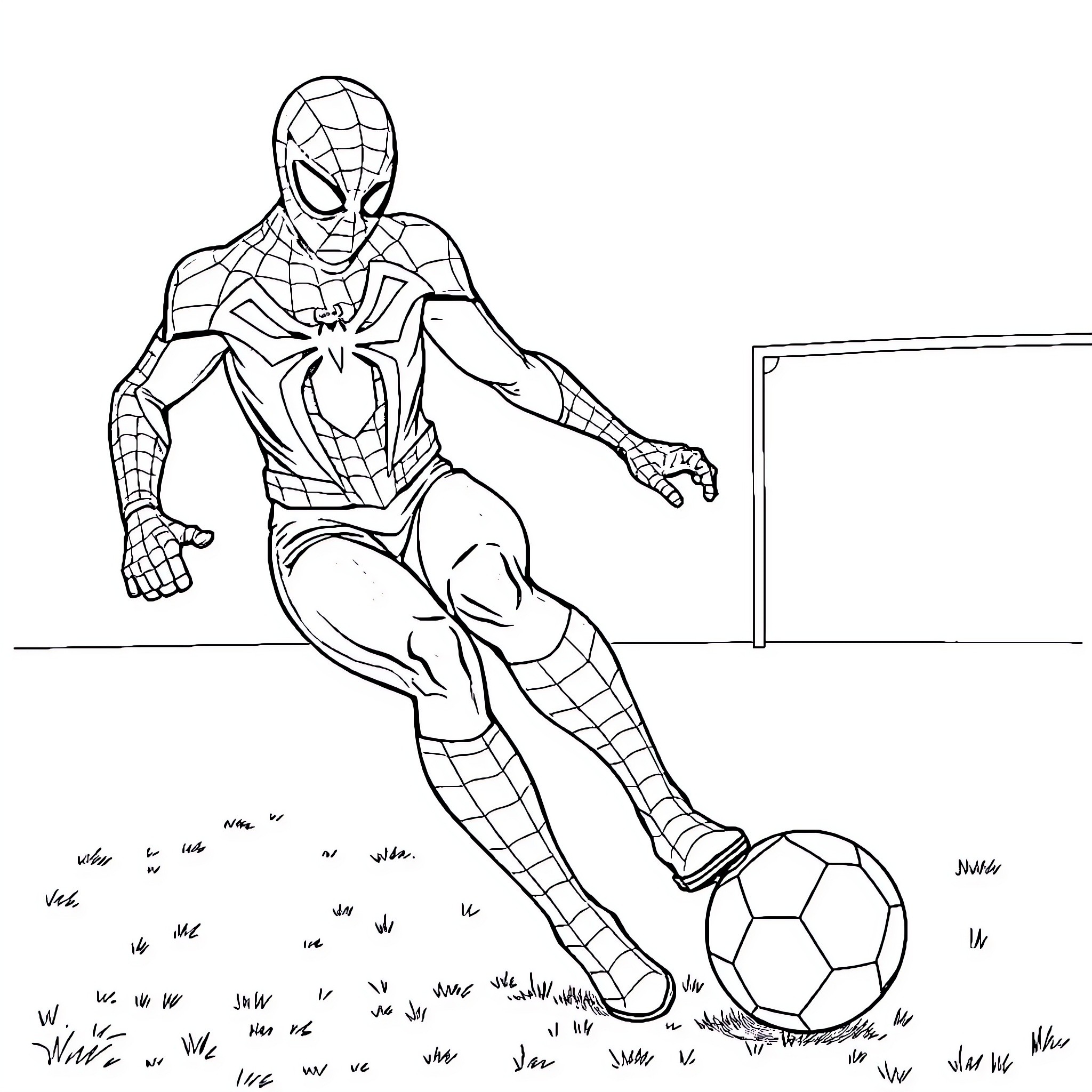 Spider-Man playing soccer on the field Coloring Page (free black-and-white line drawing printable PDF for all, from beginners to advanced learners, including children, teens, adults, and seniors)