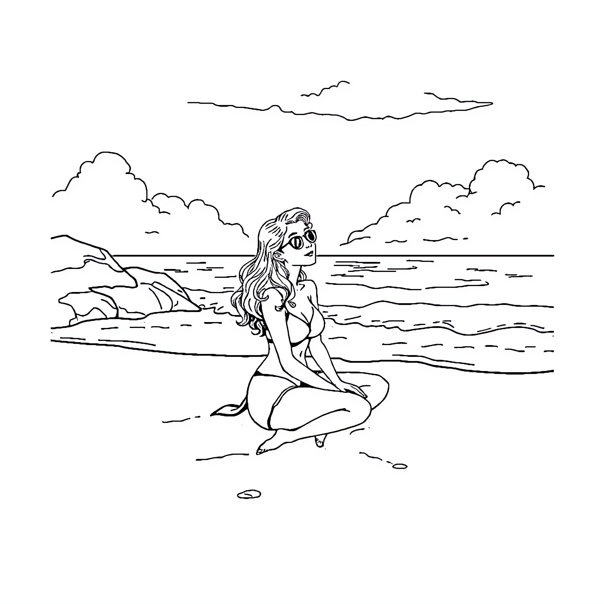 Monica relaxing peacefully by the serene ocean Coloring Page (free black-and-white line drawing printable PDF for all, from beginners to advanced learners, including children, teens, adults, and seniors)