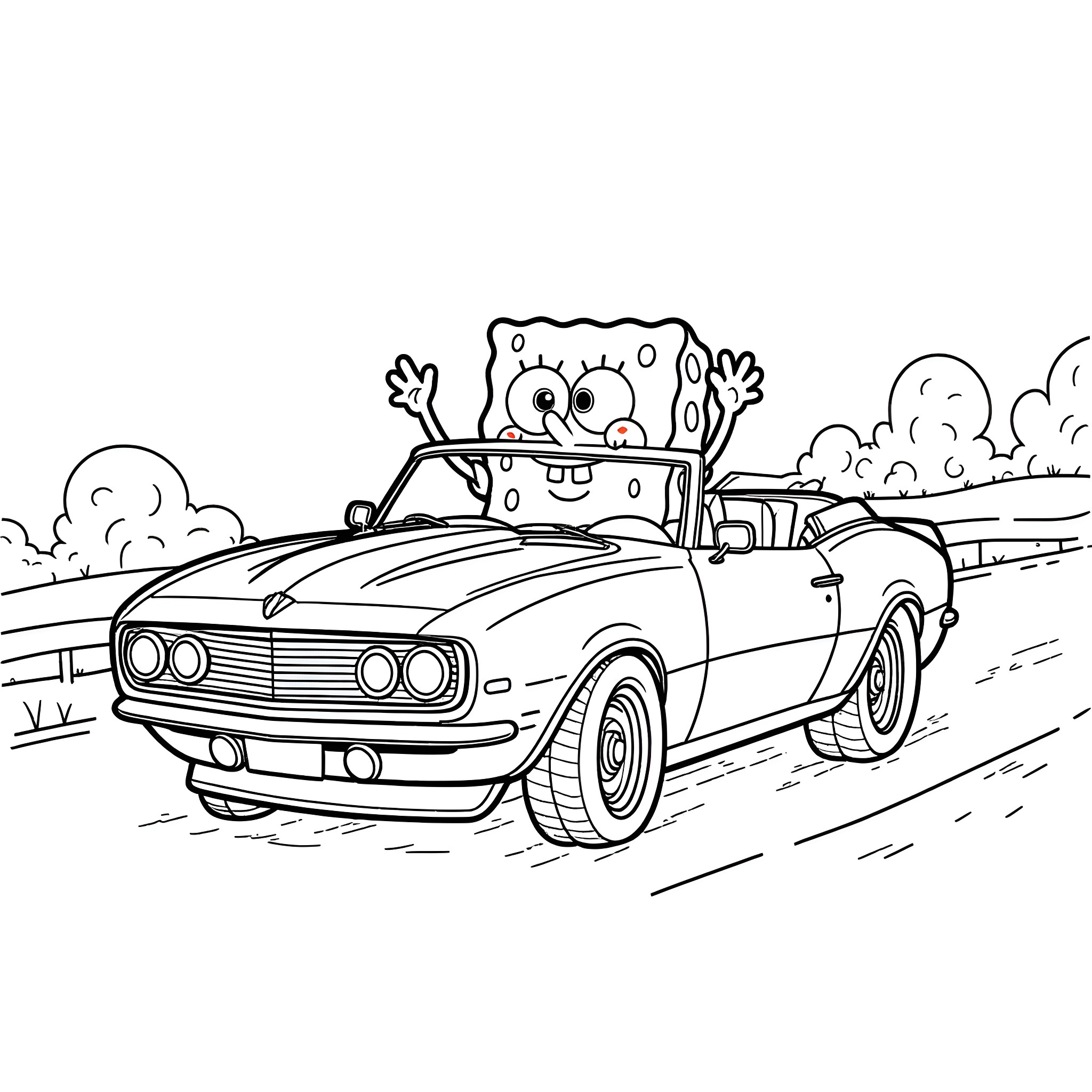 Spongebob driving a classic car on the road Coloring Page (free black-and-white line drawing printable PDF for all, from beginners to advanced learners, including children, teens, adults, and seniors)