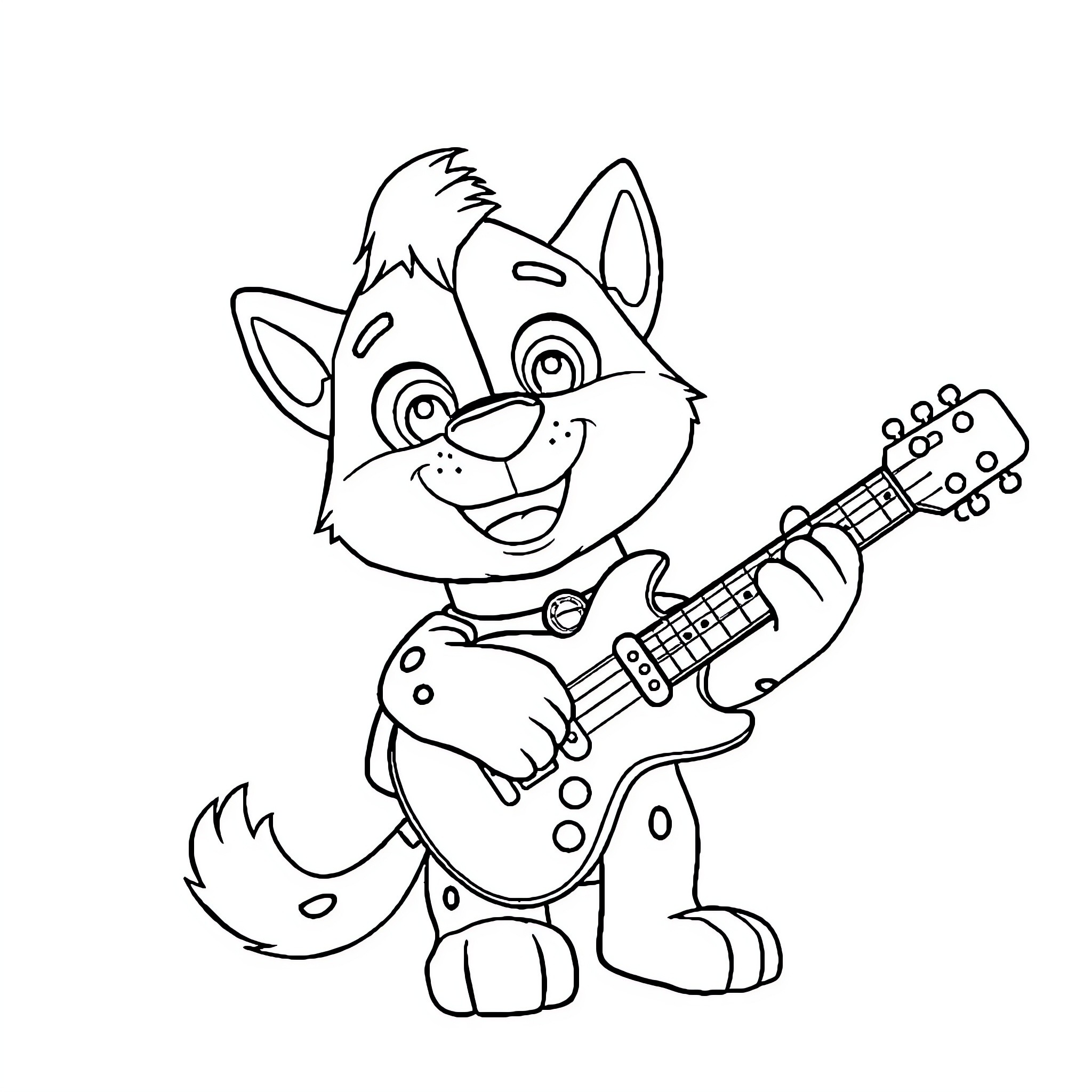 Everest puppy playing guitar happily Coloring Page (free black-and-white line drawing printable PDF for all, from beginners to advanced learners, including children, teens, adults, and seniors)