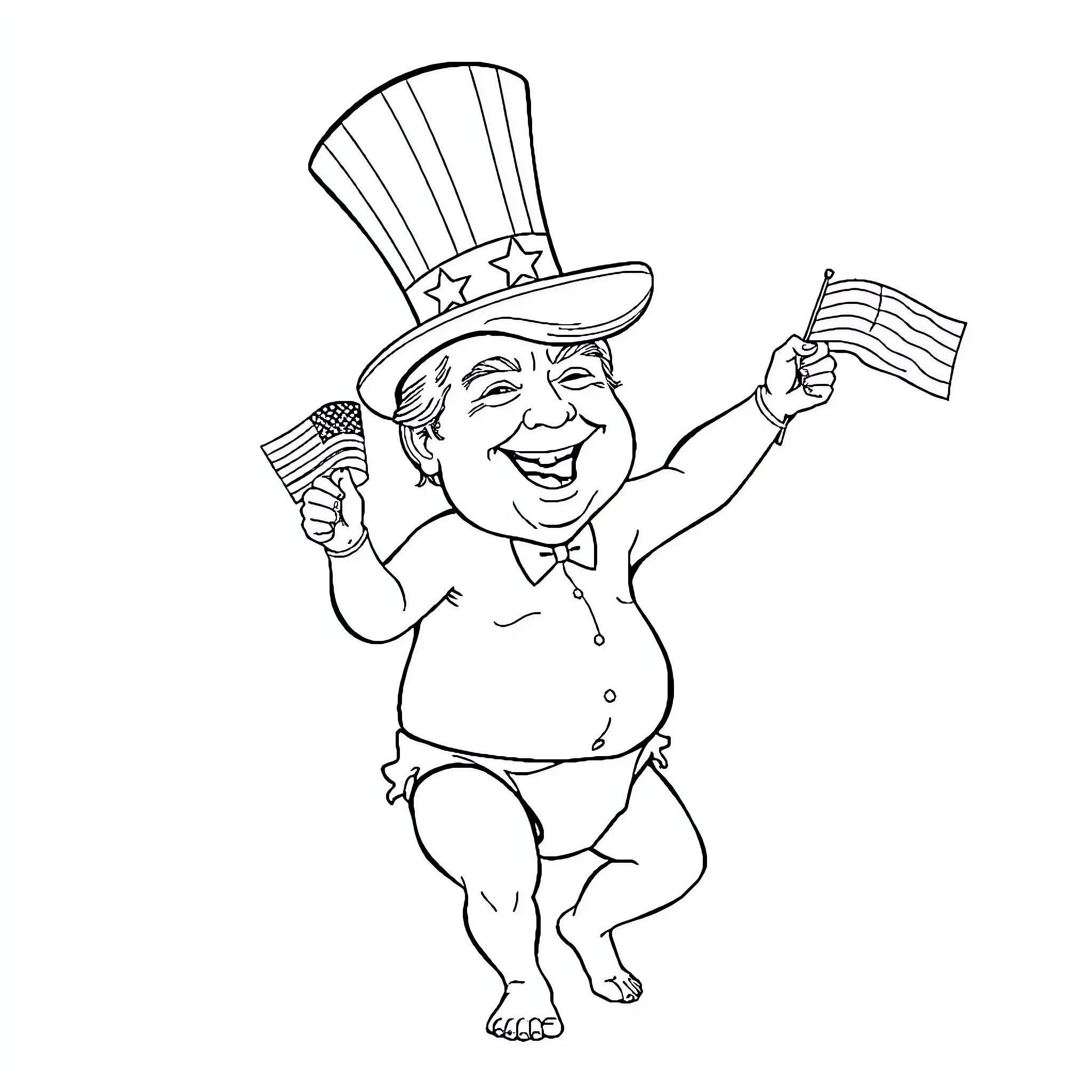 Donald Trump Celebrating with American Flags Coloring Page (free black-and-white line drawing printable PDF for all, from beginners to advanced learners, including children, teens, adults, and seniors)