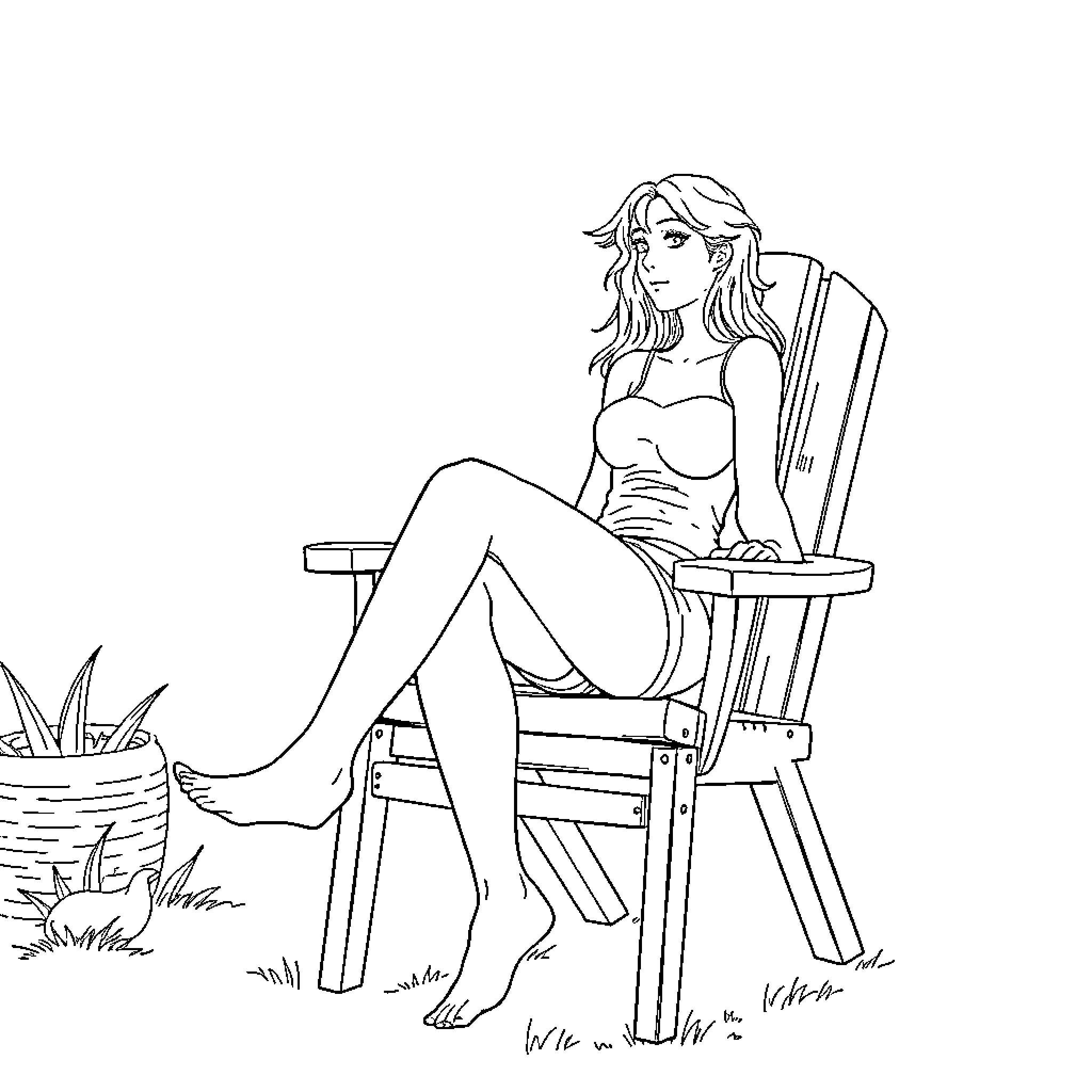 Girl relaxing outdoors in a chair Coloring Page (free black-and-white line drawing printable PDF for all, from beginners to advanced learners, including children, teens, adults, and seniors)