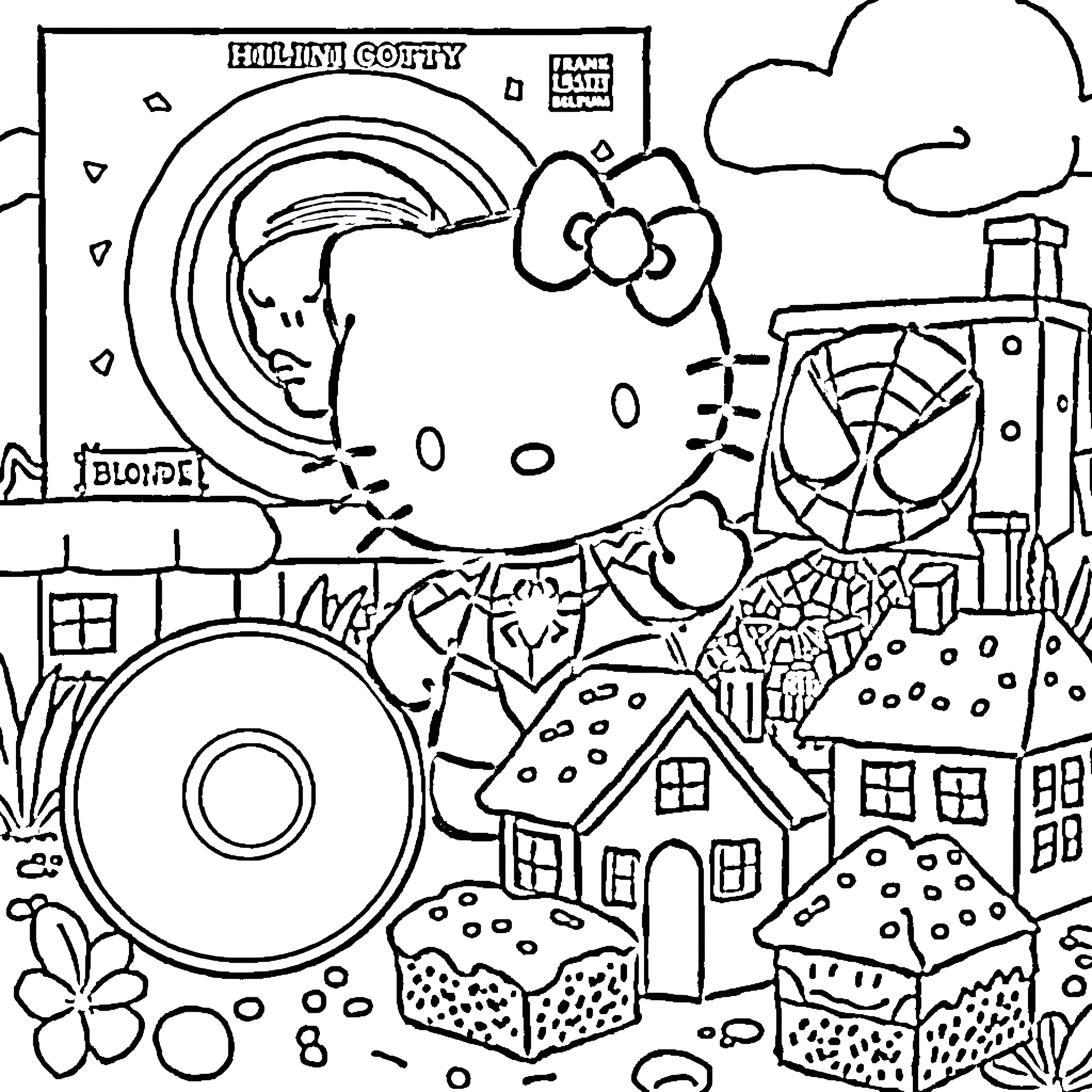 Hello Kitty in a whimsical urban landscape Coloring Page (free black-and-white line drawing printable PDF for all, from beginners to advanced learners, including children, teens, adults, and seniors)