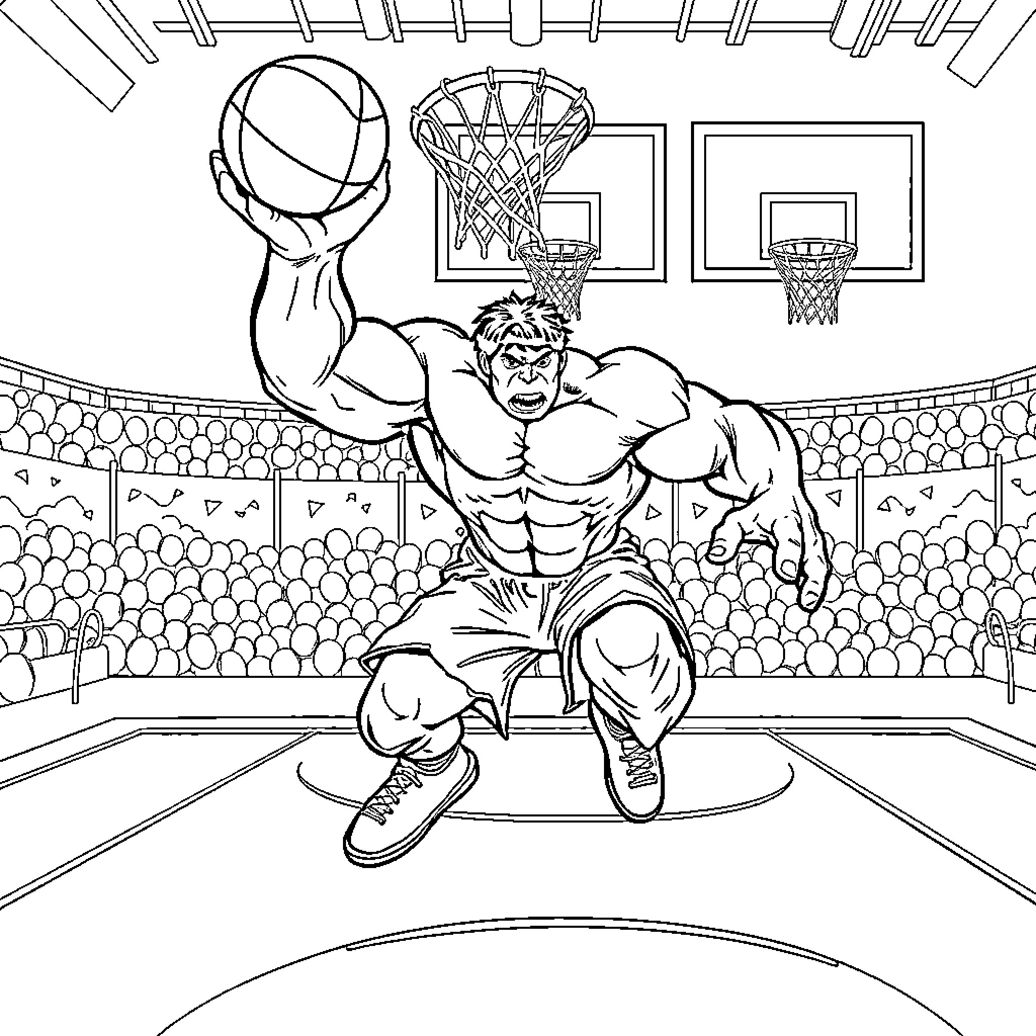 Hulk Dunks Fiercely on Basketball Court Coloring Page (free black-and-white line drawing printable PDF for all, from beginners to advanced learners, including children, teens, adults, and seniors)