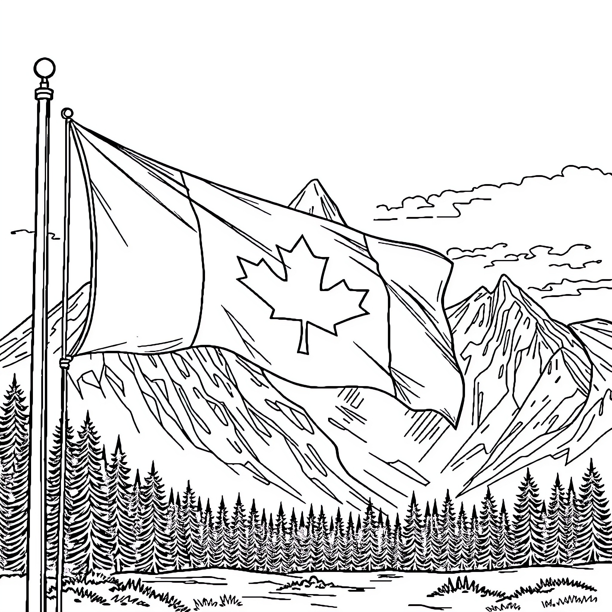 Flag waving proudly in the majestic mountain landscape Coloring Page (free black-and-white line drawing printable PDF for all, from beginners to advanced learners, including children, teens, adults, and seniors)