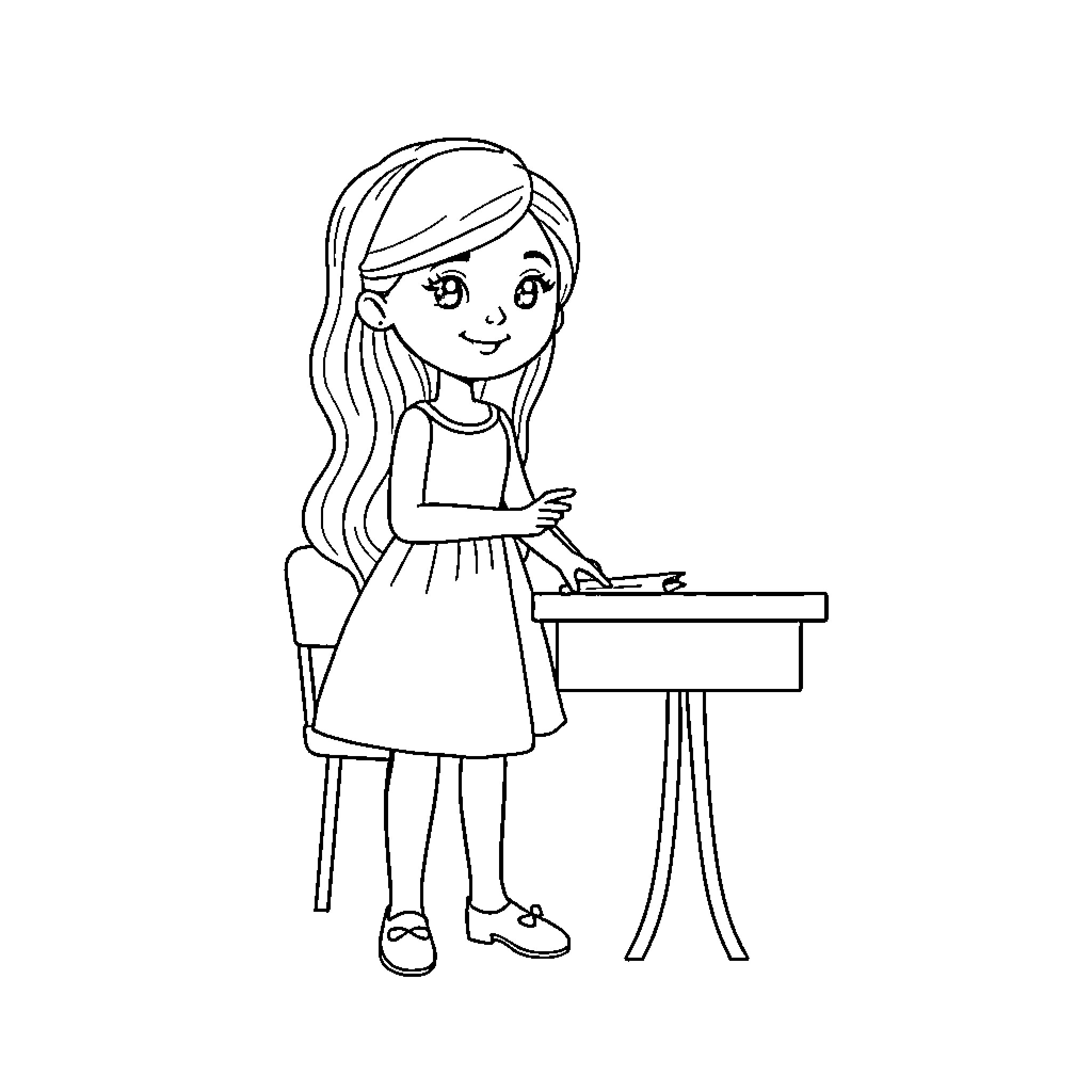Elsa enjoying a creative moment at her desk Coloring Page (free black-and-white line drawing printable PDF for all, from beginners to advanced learners, including children, teens, adults, and seniors)