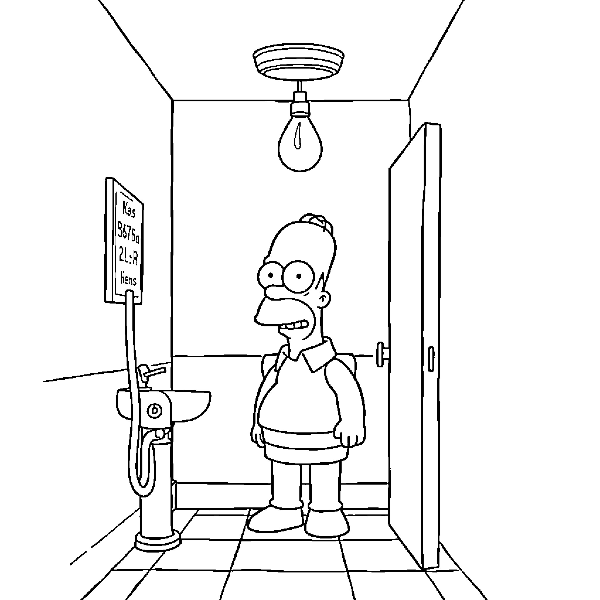 Homer Simpson in a bathroom Coloring Page (free black-and-white line drawing printable PDF for all, from beginners to advanced learners, including children, teens, adults, and seniors)