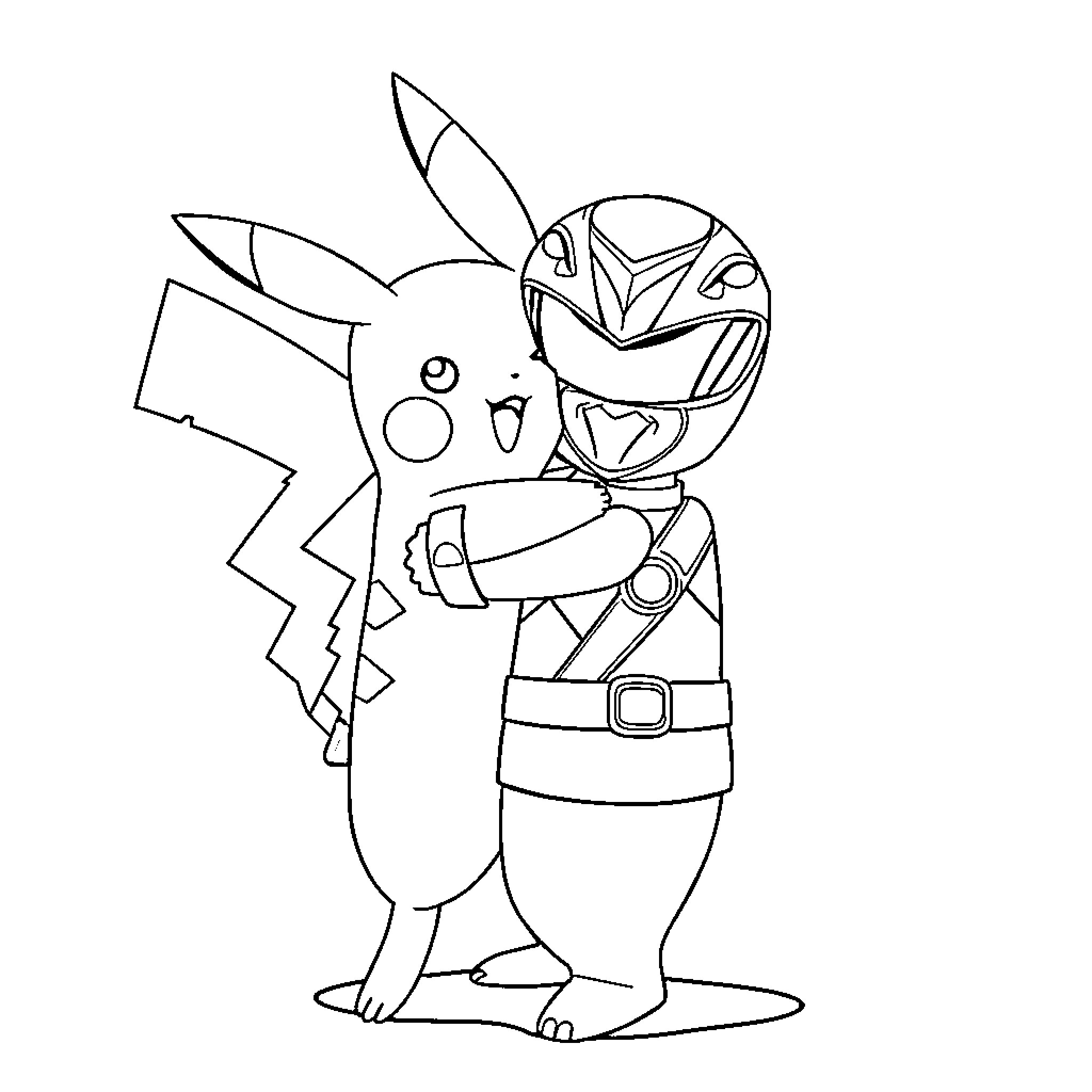 Pikachu dressed as a Power Ranger Coloring Page (free black-and-white line drawing printable PDF for all, from beginners to advanced learners, including children, teens, adults, and seniors)