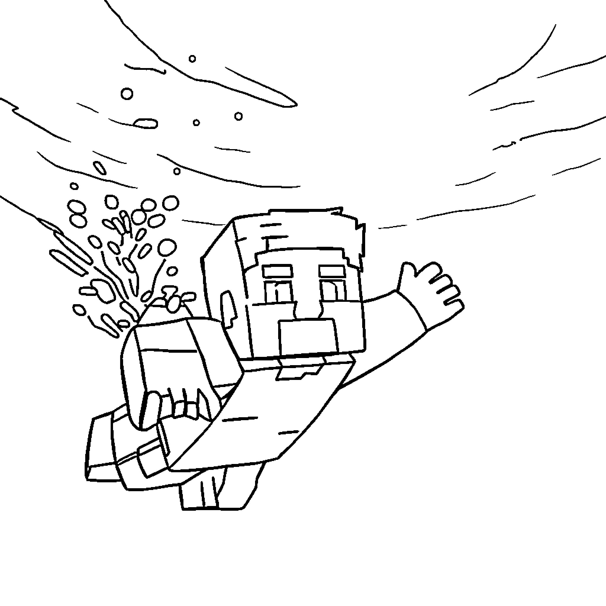 Minecraft Man Exploring Fantastical Landscape Coloring Page (free black-and-white line drawing printable PDF for all, from beginners to advanced learners, including children, teens, adults, and seniors)