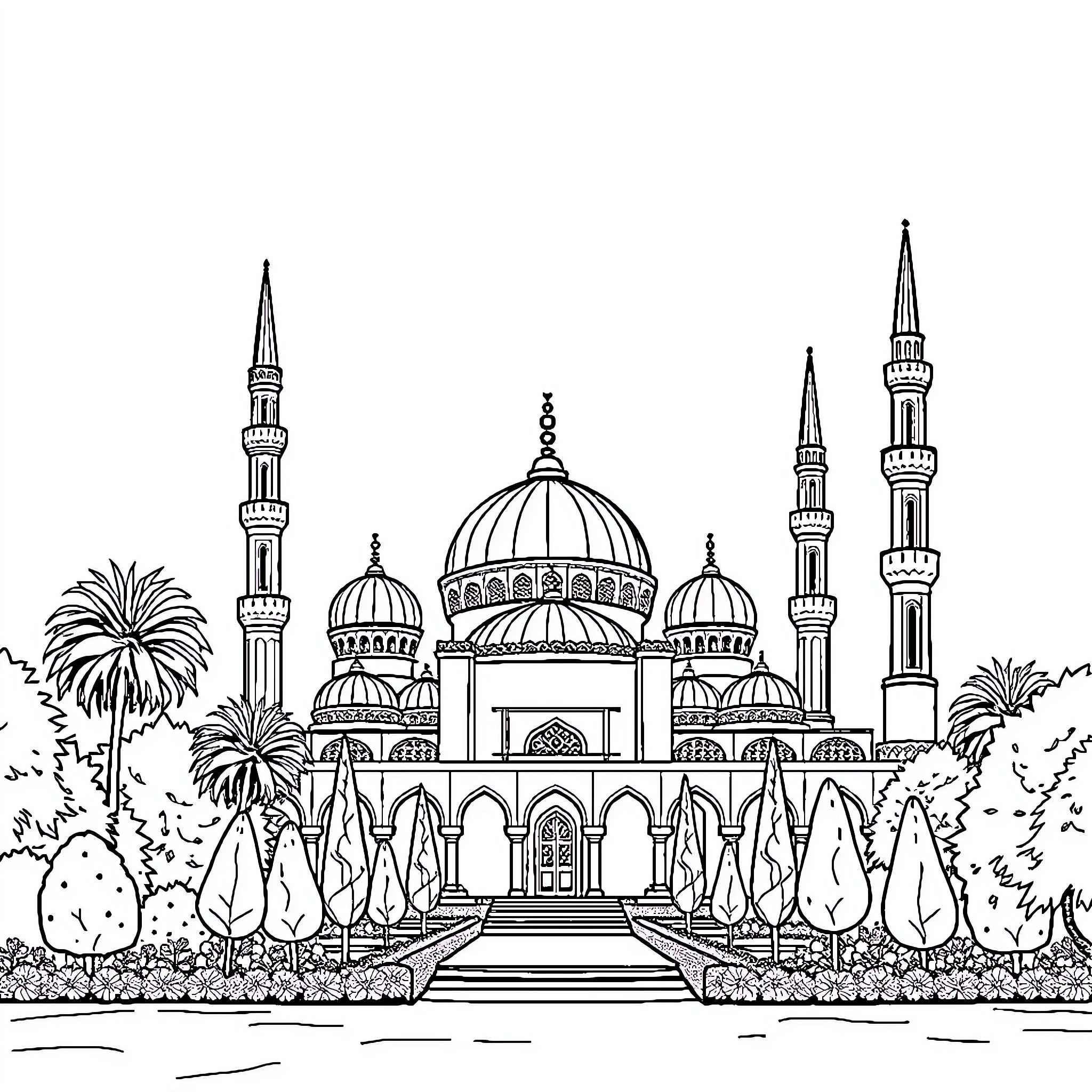 Masjid with ornate domes and minarets surrounded by greenery Coloring Page (free black-and-white line drawing printable PDF for all, from beginners to advanced learners, including children, teens, adults, and seniors)