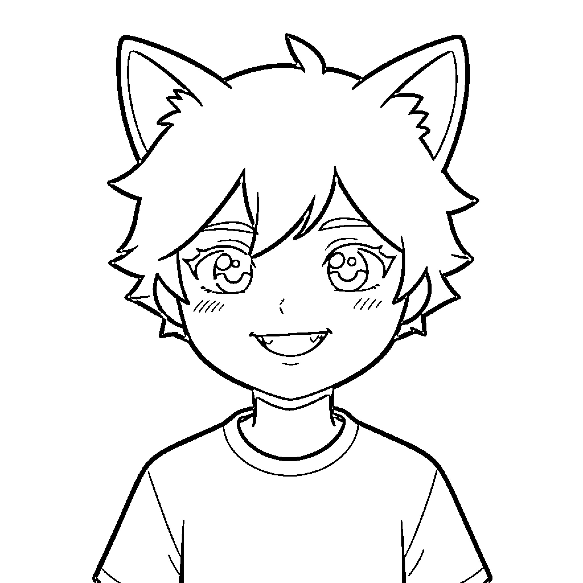 Catboy with cat ears smiling happily Coloring Page (free black-and-white line drawing printable PDF for all, from beginners to advanced learners, including children, teens, adults, and seniors)