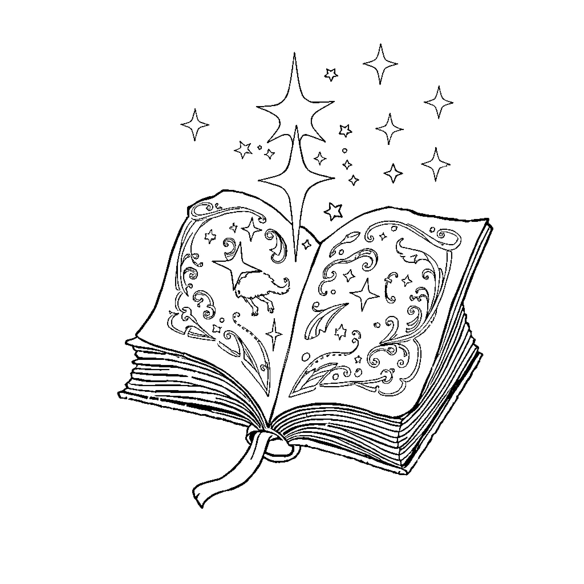Magic Book of Enchanted Creatures and Starry Skies Coloring Page (free black-and-white line drawing printable PDF for all, from beginners to advanced learners, including children, teens, adults, and seniors)