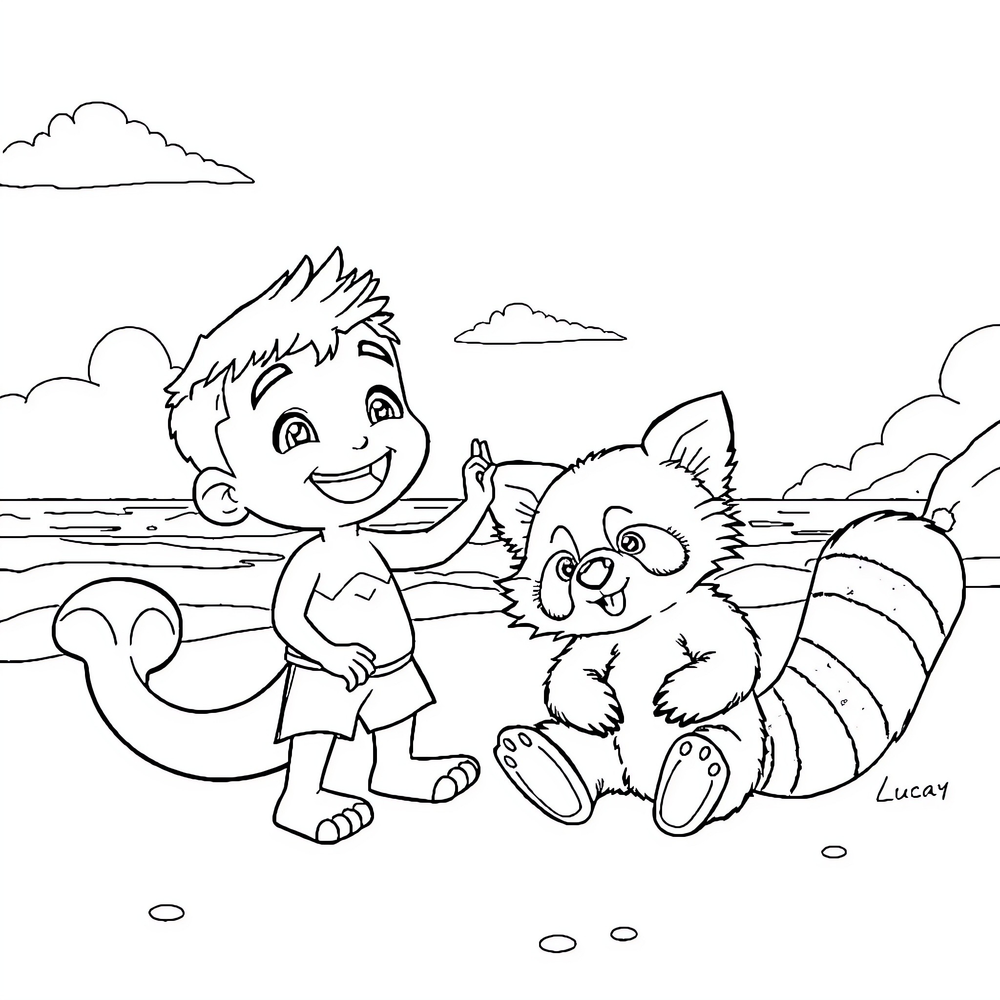Luca playing happily with a furry friend Coloring Page (free black-and-white line drawing printable PDF for all, from beginners to advanced learners, including children, teens, adults, and seniors)