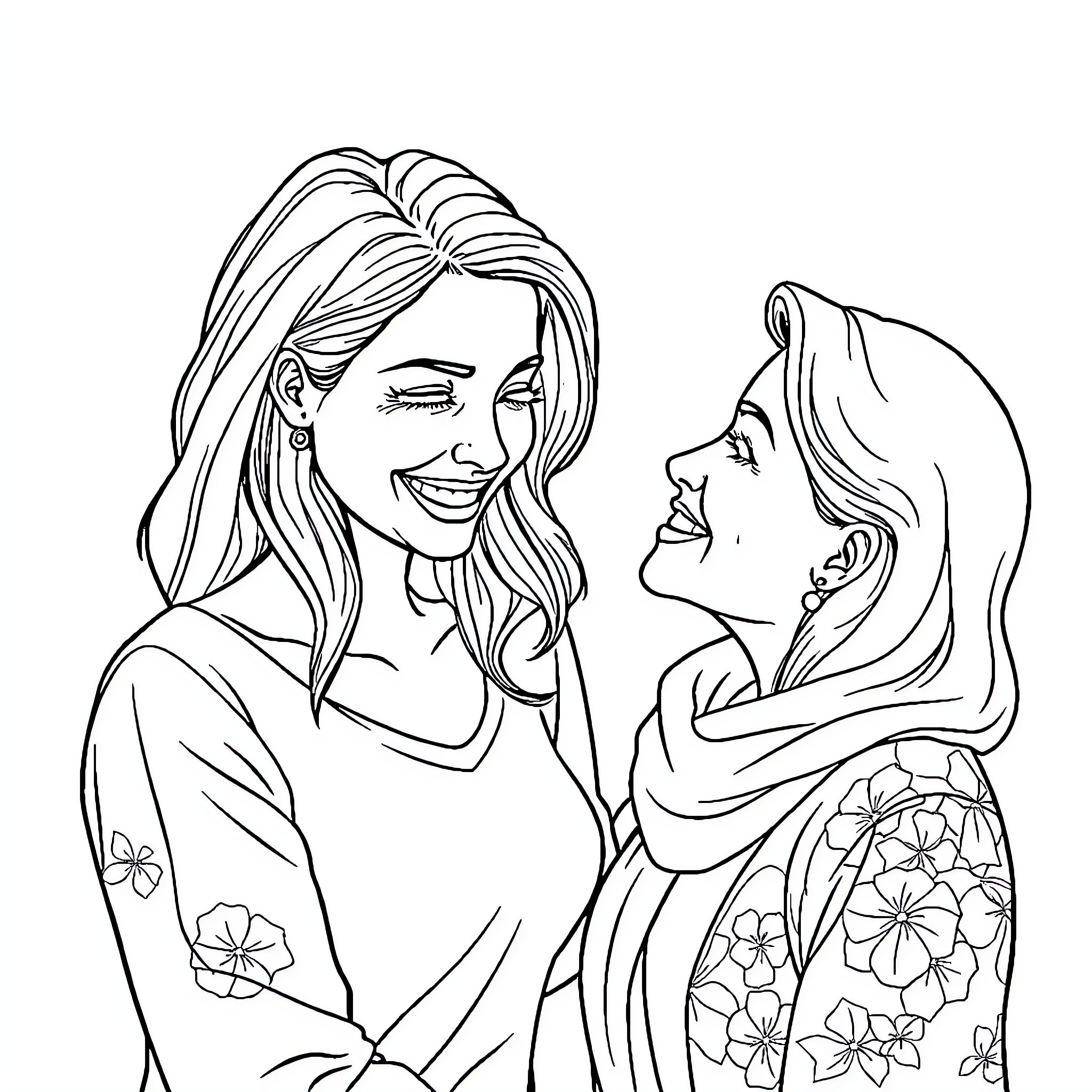 Women sharing a happy conversation Coloring Page (free black-and-white line drawing printable PDF for all, from beginners to advanced learners, including children, teens, adults, and seniors)