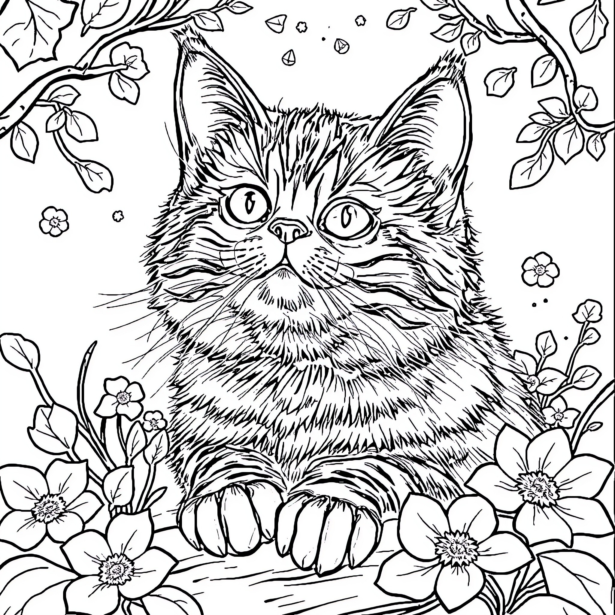 Cat amidst Floral Illustration Coloring Page (free black-and-white line drawing printable PDF for all, from beginners to advanced learners, including children, teens, adults, and seniors)