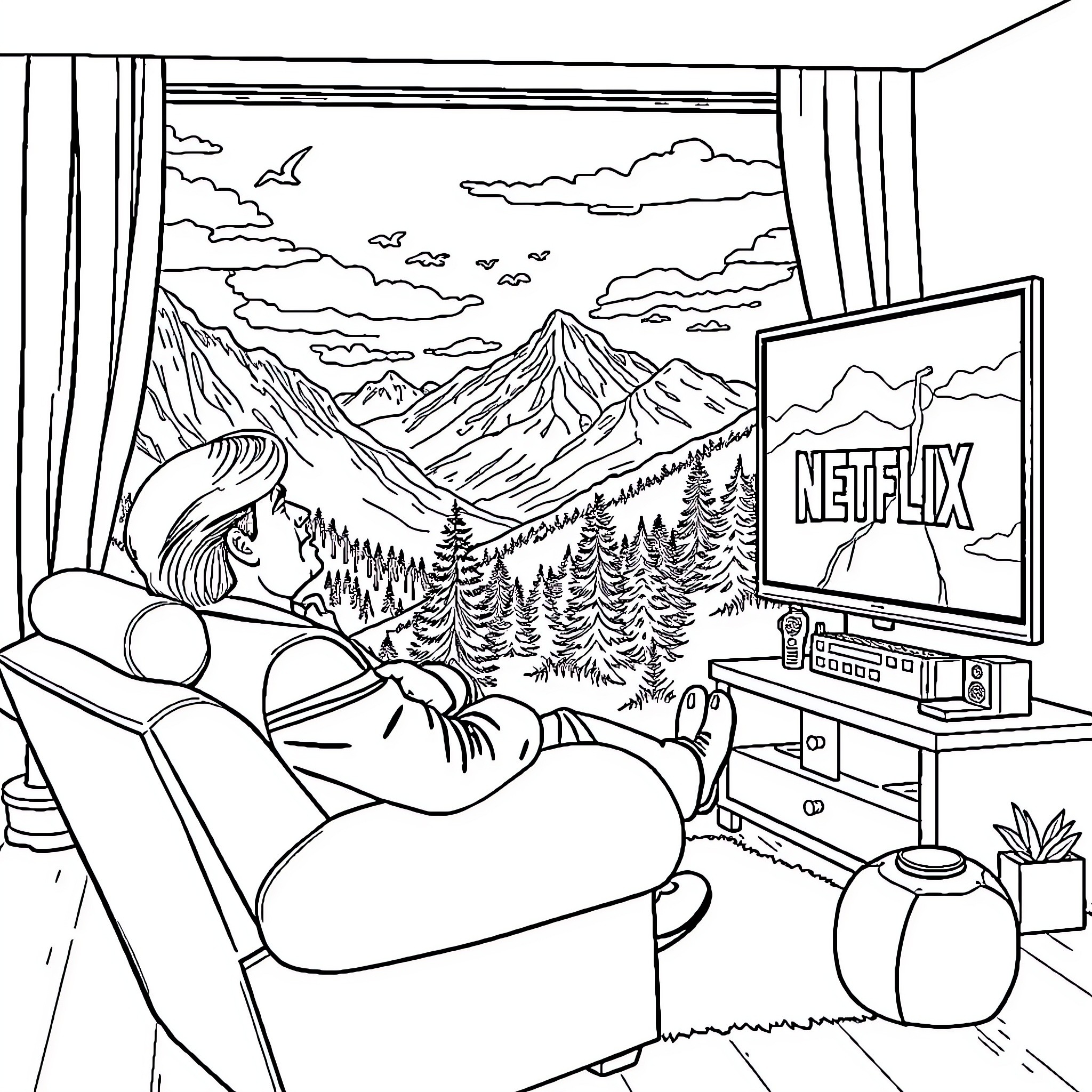 Donald J Trump relaxing and watching Netflix Coloring Page (free black-and-white line drawing printable PDF for all, from beginners to advanced learners, including children, teens, adults, and seniors)