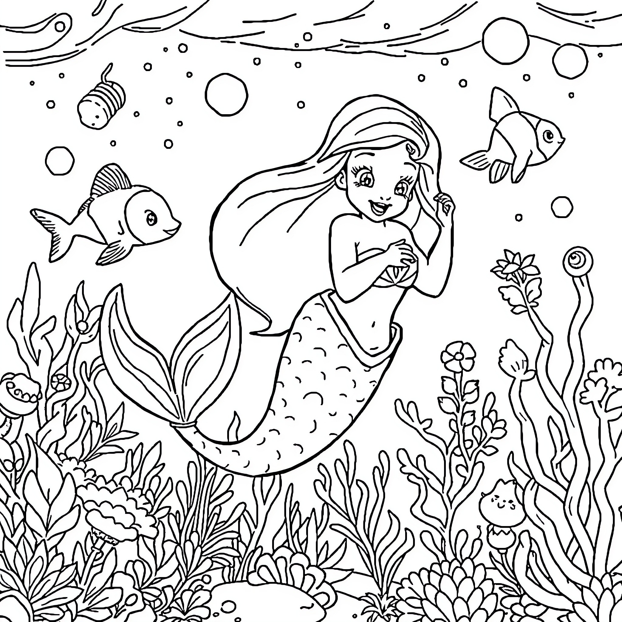 Mermaid exploring the underwater world Coloring Page (free black-and-white line drawing printable PDF for all, from beginners to advanced learners, including children, teens, adults, and seniors)